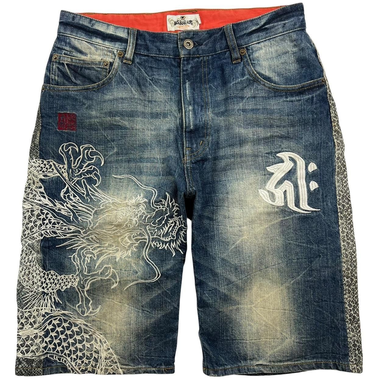 Karakuri Tamashii Karakuri Tamashii Embroidered Dragon Denim Shorts - Waist 31 Size US 31 - 1 Thumbnail