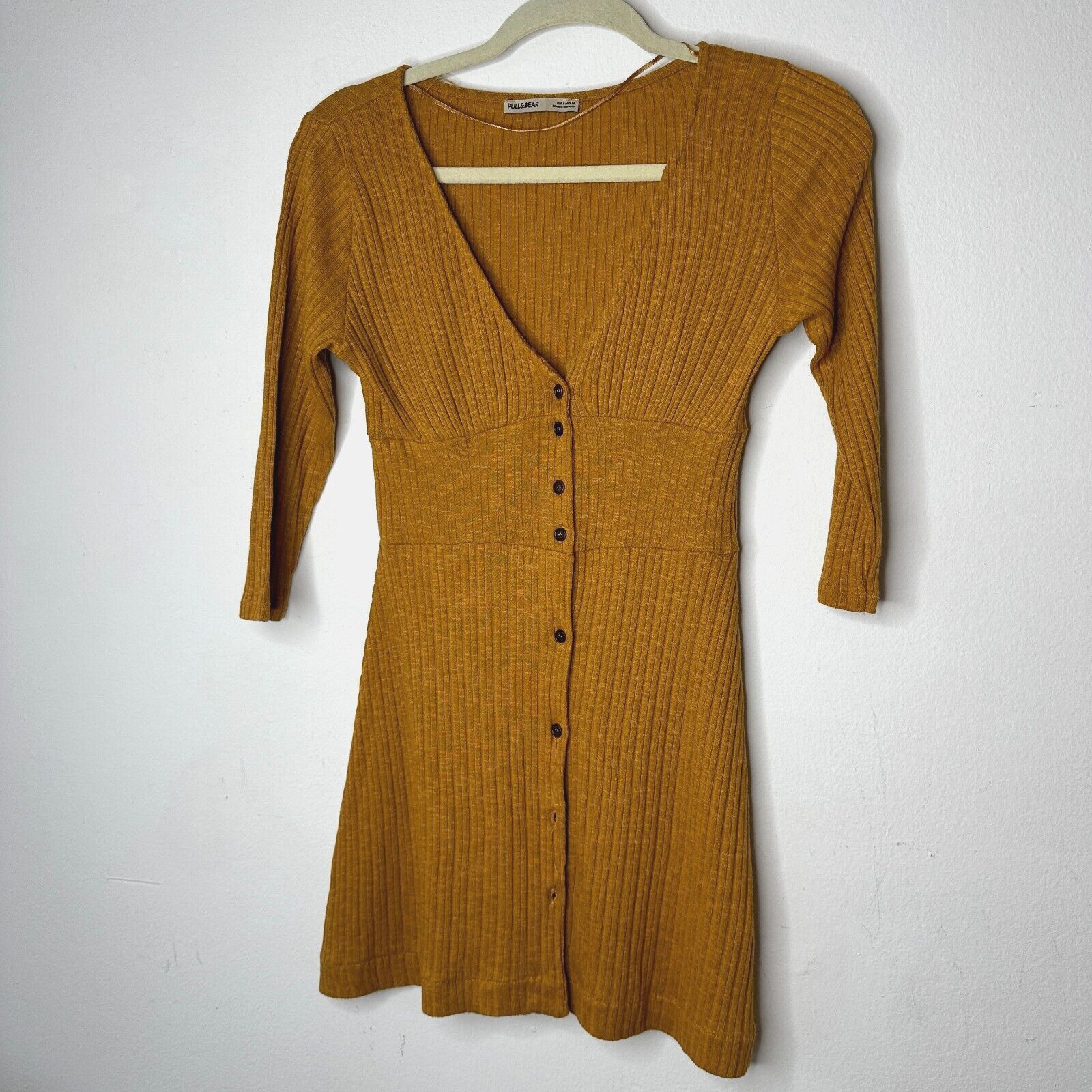 Pull & Bear Pull & Bear Golden Rib Long Sleeve VNeck Button Mini Dress S Size S / US 4 / IT 40 - 1 Thumbnail