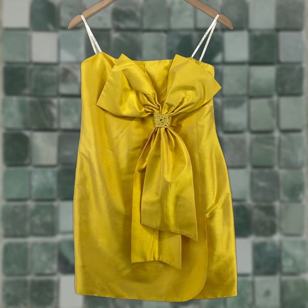 Alaxia Admor Silk Mini Dress M Strapless Bow Yellow Cocktail Party USA Womens