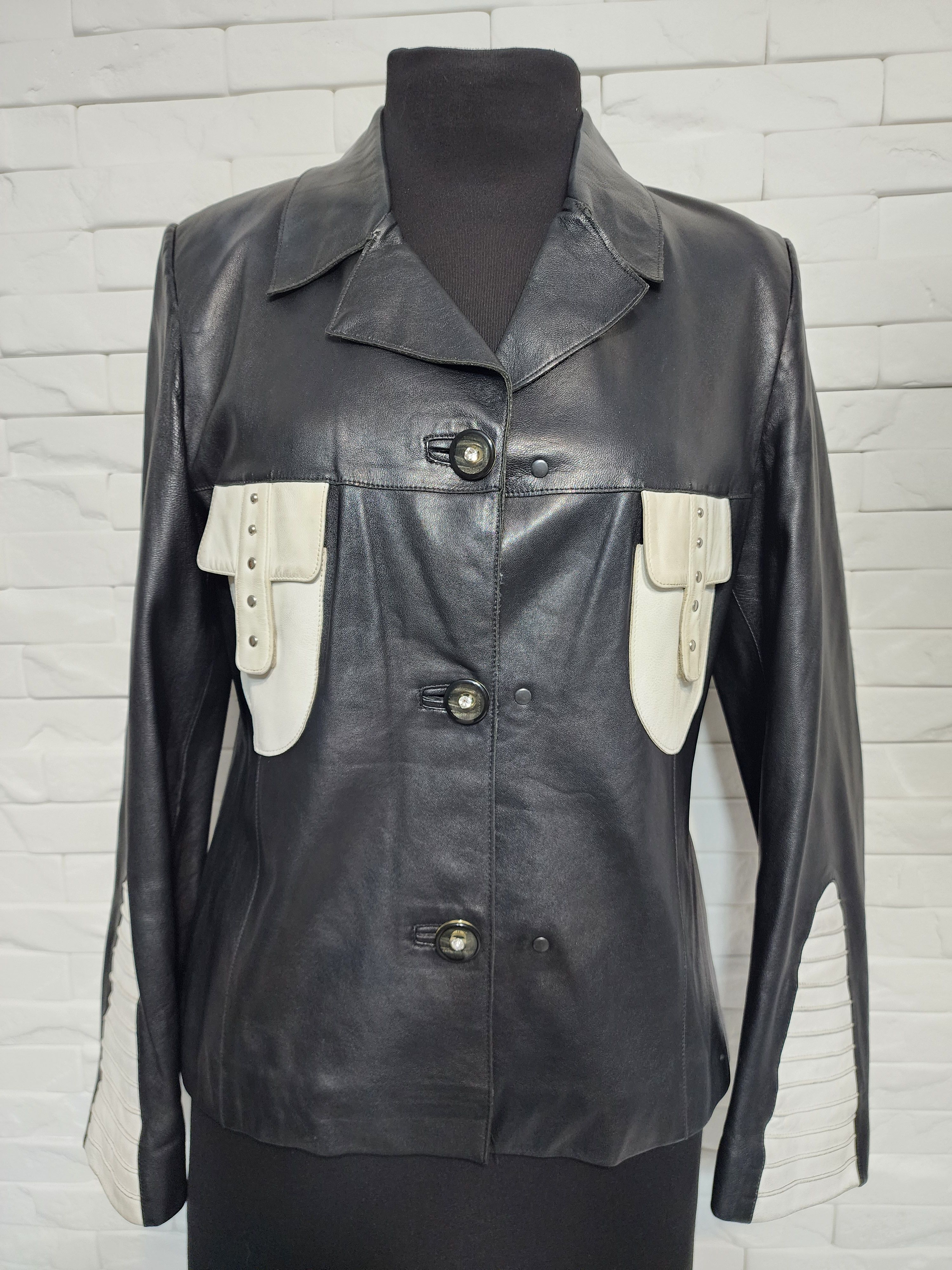 Genuine Leather Black & White Genuine Leather Jacket: Women's Sport Style Size L / US 10 / IT 46 - 1 Thumbnail