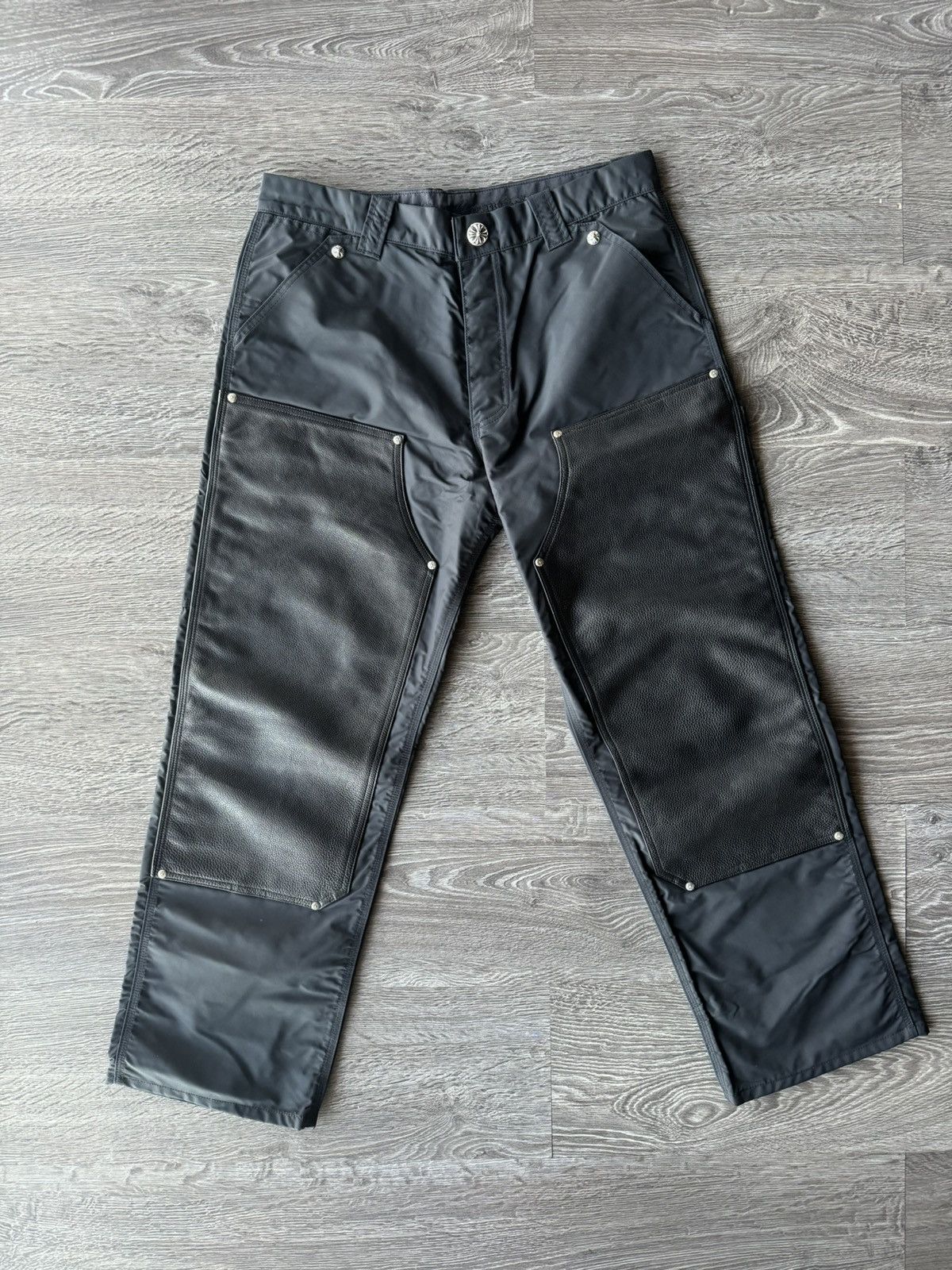 image of Chrome Hearts Leather Double Knee Nylon Carpenter Pants in Black, Men's (Size 34)