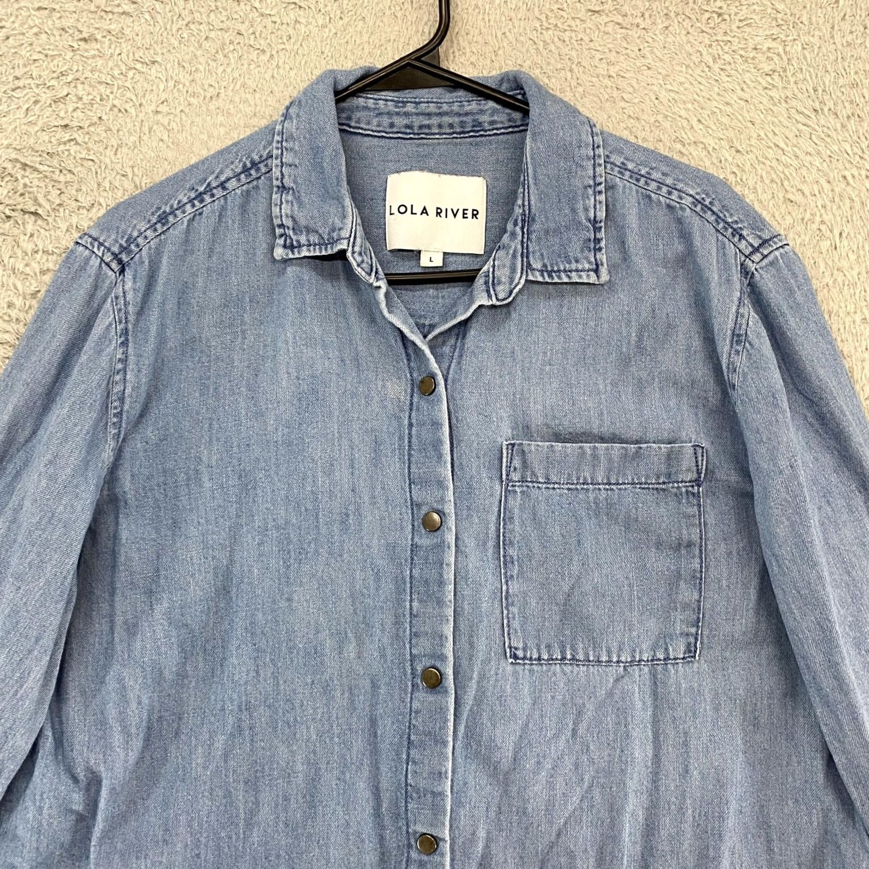 Vintage Lola River Chambray Shirt Womens Large Blue Cotton Button Up Long Sleeve Top Size L / US 10 / IT 46 - 2 Thumbnail