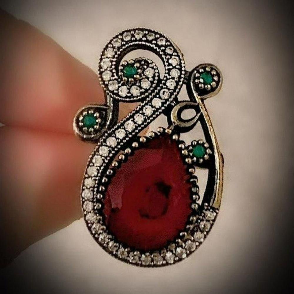 Designer Vintage Ruby Red Teardrop Antique Gold Ethnic Ring - Size 7 Size ONE SIZE - 2 Thumbnail