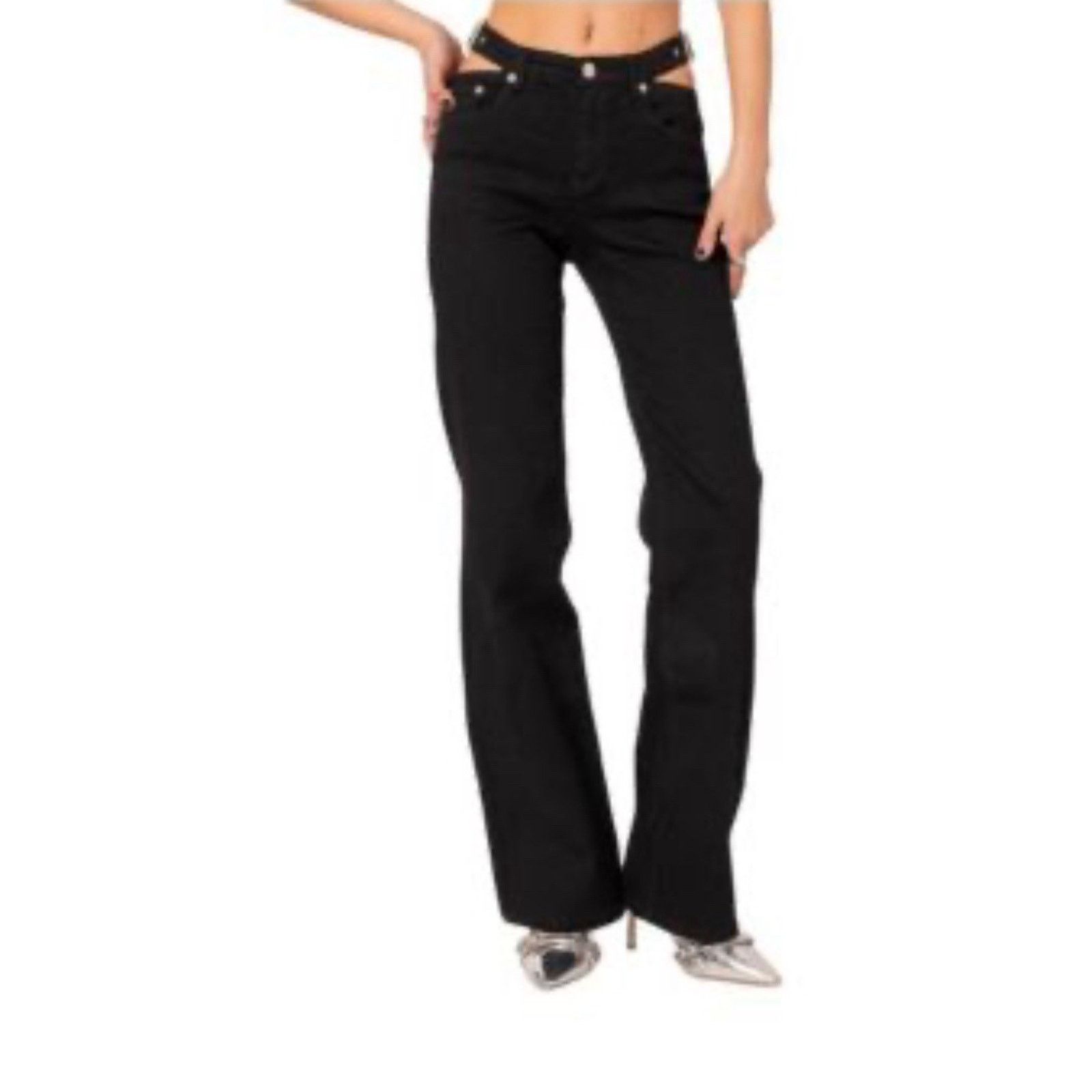 The Unbranded Brand Edikted Black Cut Out Belt Low Rise Flare Jeans L 32”X32” Size 32" / US 10 / IT 46 - 1 Thumbnail