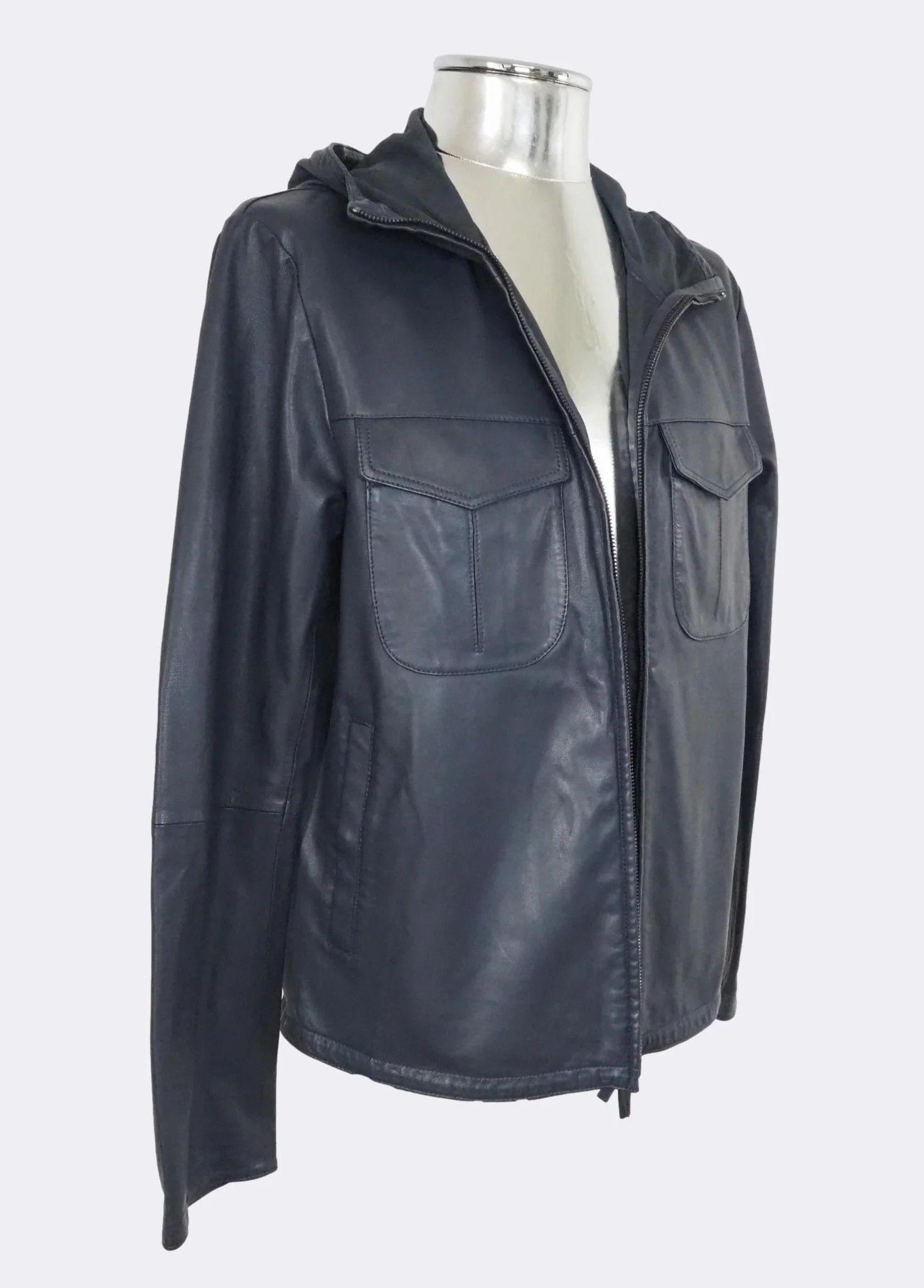 Emporio Armani Dark Blue Hooded Zip-Front Leather Jacket $1175 Size US M / EU 48-50 / 2 - 10 Thumbnail