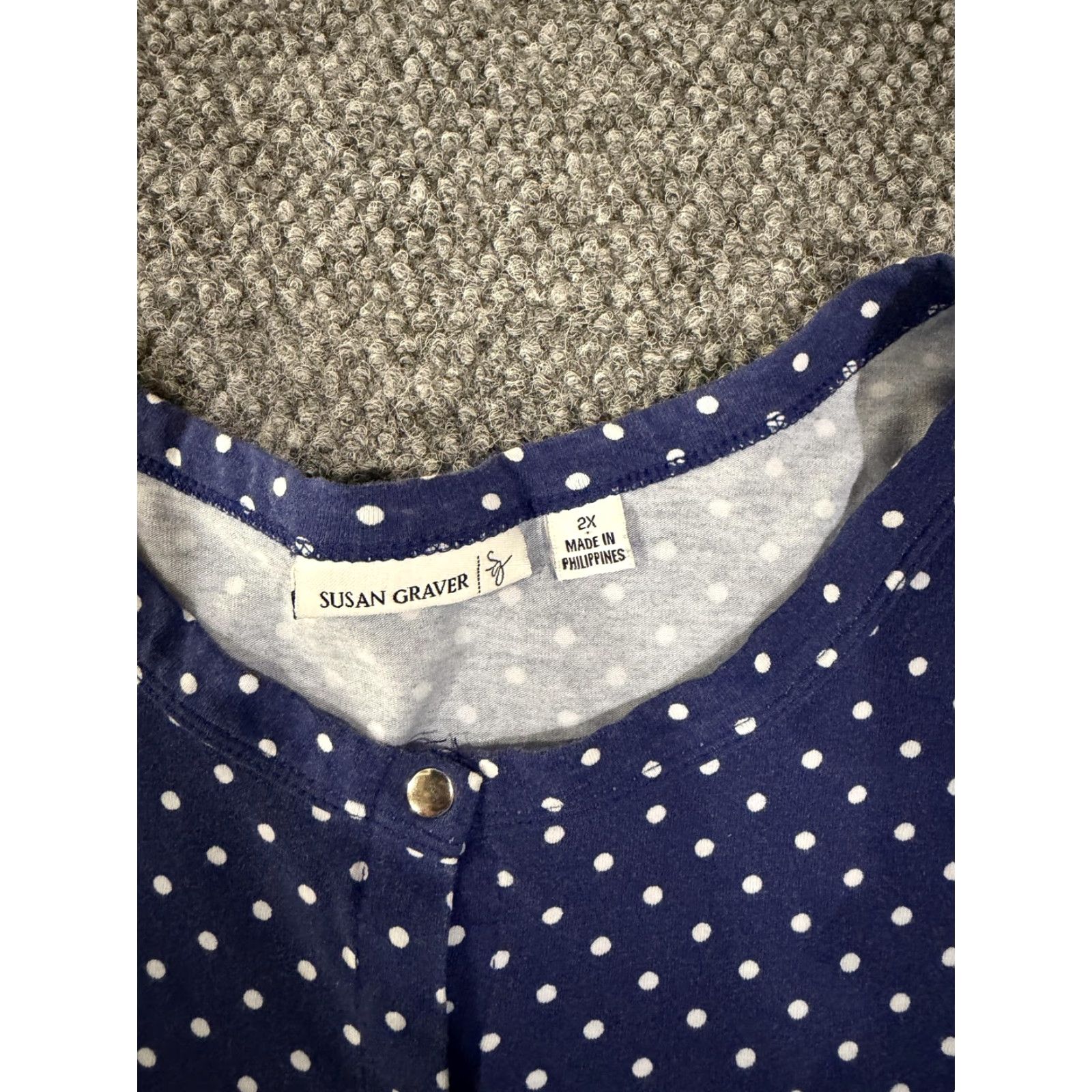 Vintage Susan Graver Shirt Womens 2X Blue Polka Dot Snap Front 3/4 Sleeve Jersey Top Size XXL / US 16-18 / IT 52-54 - 4 Thumbnail