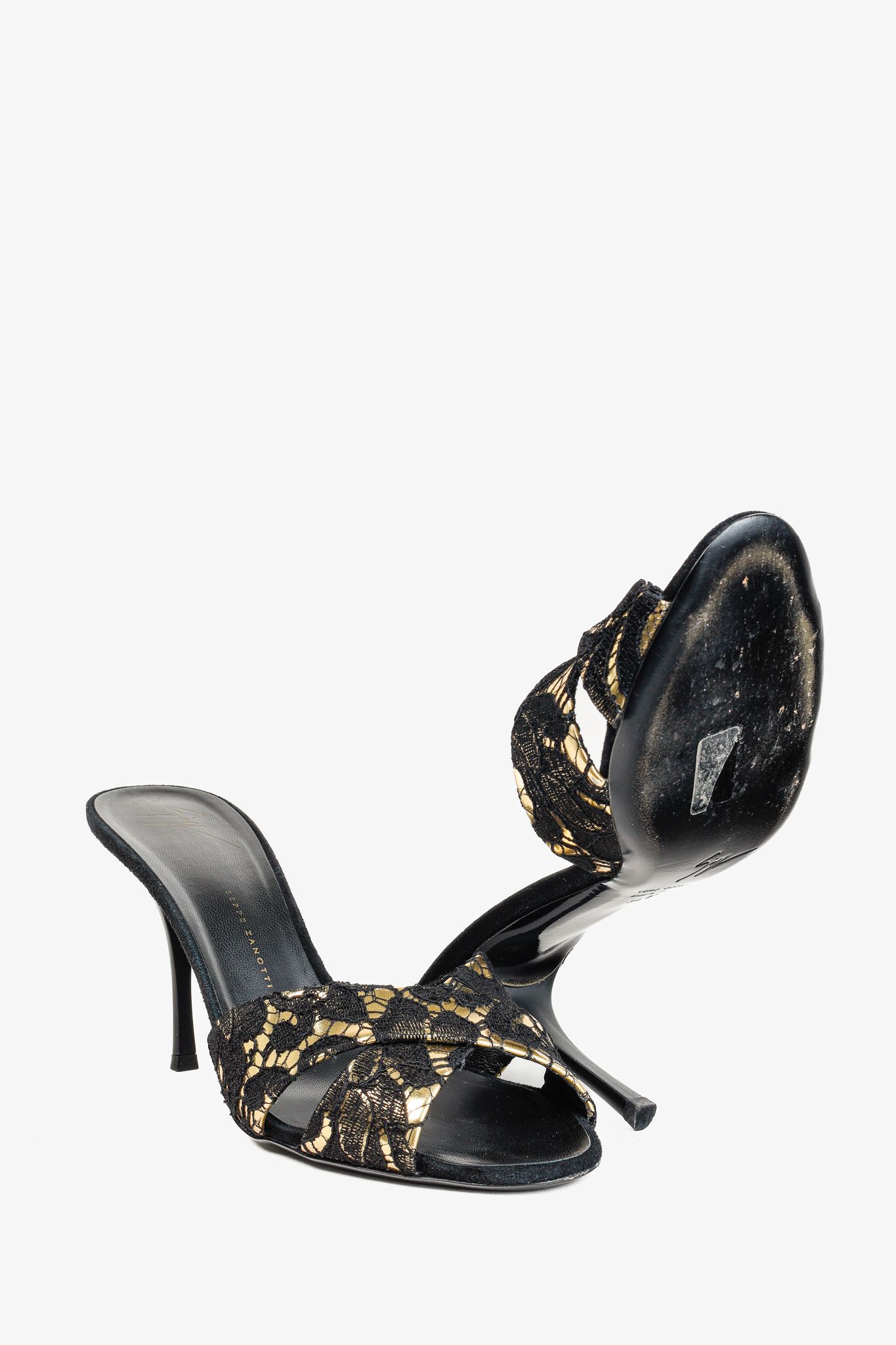 Giuseppe Zanotti Giuseppe Zanotti Gold & Black Lace Crossover-Strap Mules Size US 9 / IT 39 - 7 Thumbnail