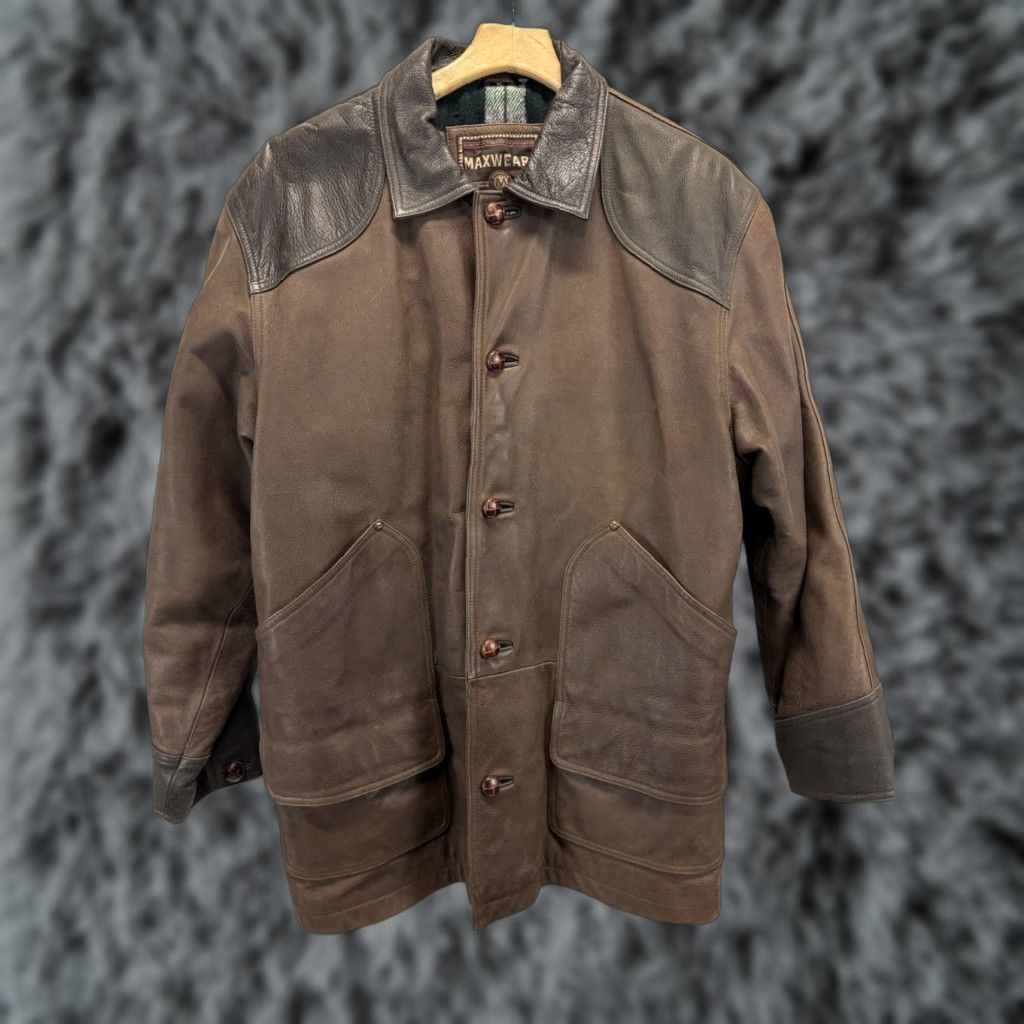 Vintage VINTAGE Maxwear Leather Barn Coat Mens M Brown Flannel Lined HEAVY Contrast Collar Barn/Rancher 90s Mens Size US M / EU 48-50 / 2 - 1 Thumbnail