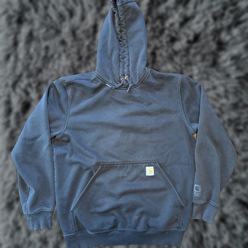 Carhartt Hoodie Mens Medium Black Original Fit Rain Defender Pullover Faded Dark Rain Defender Logo Hooded Sweatshirt Casual Outdoor Men’s
