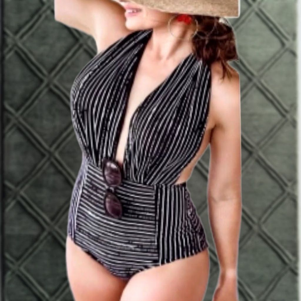 Bather COCOSHIP One Piece Retro Backless Bather High-Waisted Swimsuit 12 Women's Black & White Striped Halter Adjustable Strap Built-In Bra Size ONE SIZE - 1 Thumbnail