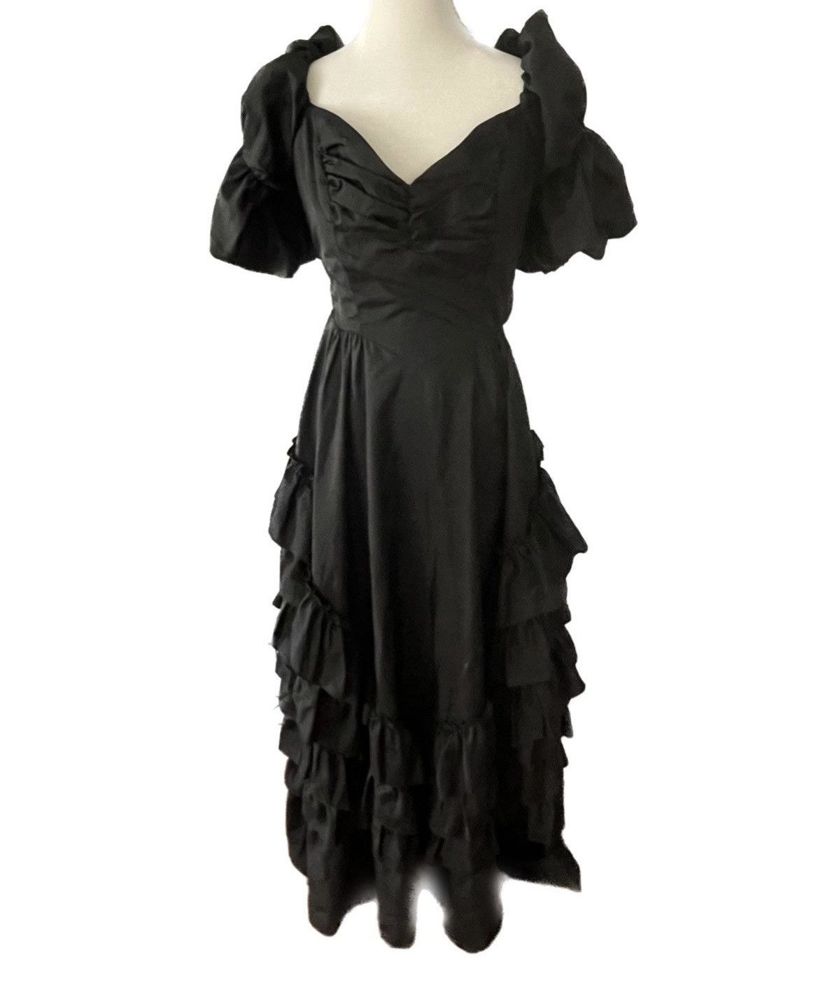 image of 1970, 1980 Vintage Sweetheart Victorian Ruffled Puff Dress in Black, Women's (Size Small)