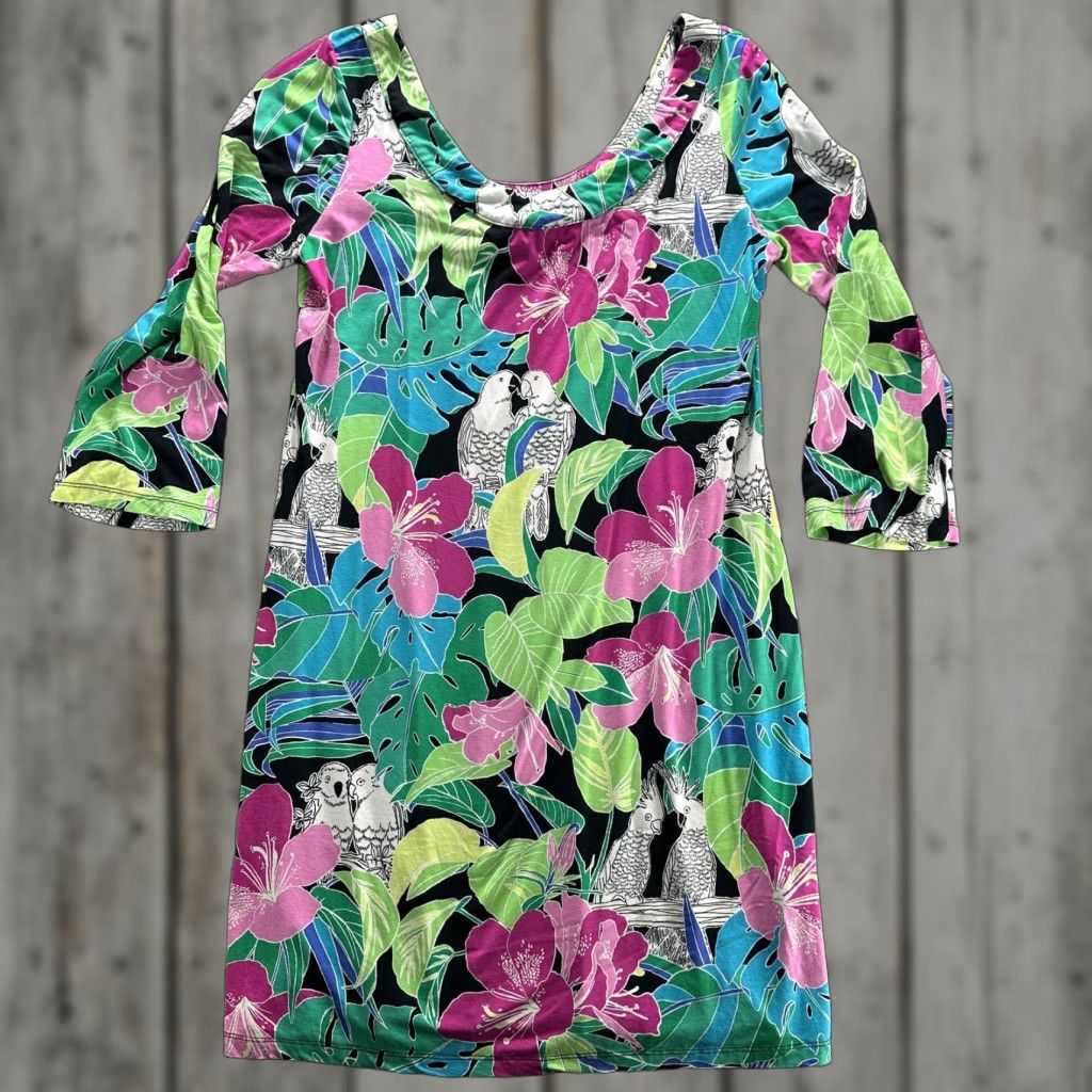 Tori Richard Tori Richard Dress Womens Large Black Tropical Parrot Floral 3/4 Sleeve Size L / US 10 / IT 46 - 1 Thumbnail