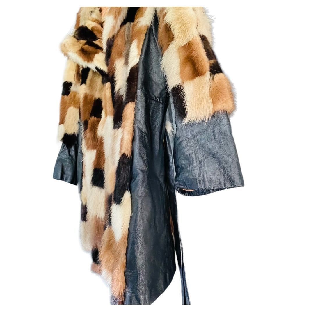 Vintage FUR COAT Genuine Y2K Vintage Rabbit Fur Leather Patchwork Long Belted Winter Coat Jacket Size XL / 14-16 Size L / US 10 / IT 46 - 8 Thumbnail