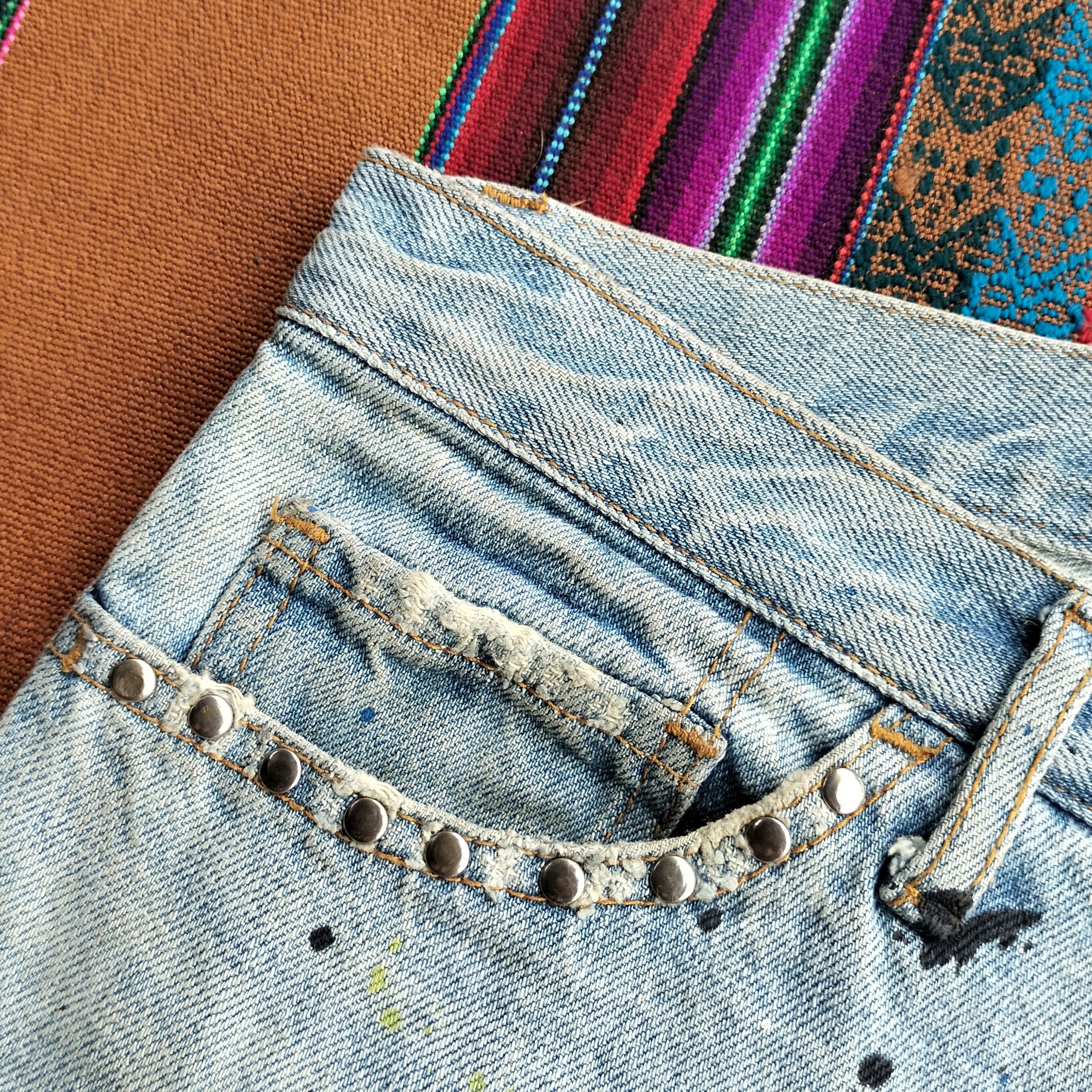 Tornado Mart paint splash snake skin studdet distressed flare denim Size US 35 - 8 Thumbnail
