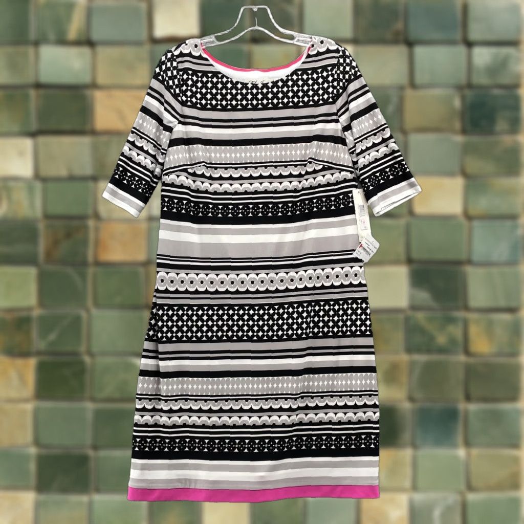 Vintage Eliza J Dress Women's 10 Pink Gray Geometric Corpcore Business Cocktail Office Dress Size L / US 10 / IT 46 - 1 Thumbnail