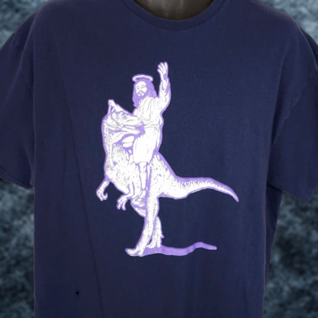 Vintage VINTAGE Christian T Shirt Mens XL Blue Jesus Christ Riding Dinosaur Raptor Size US XL / EU 56 / 4 - 1 Thumbnail