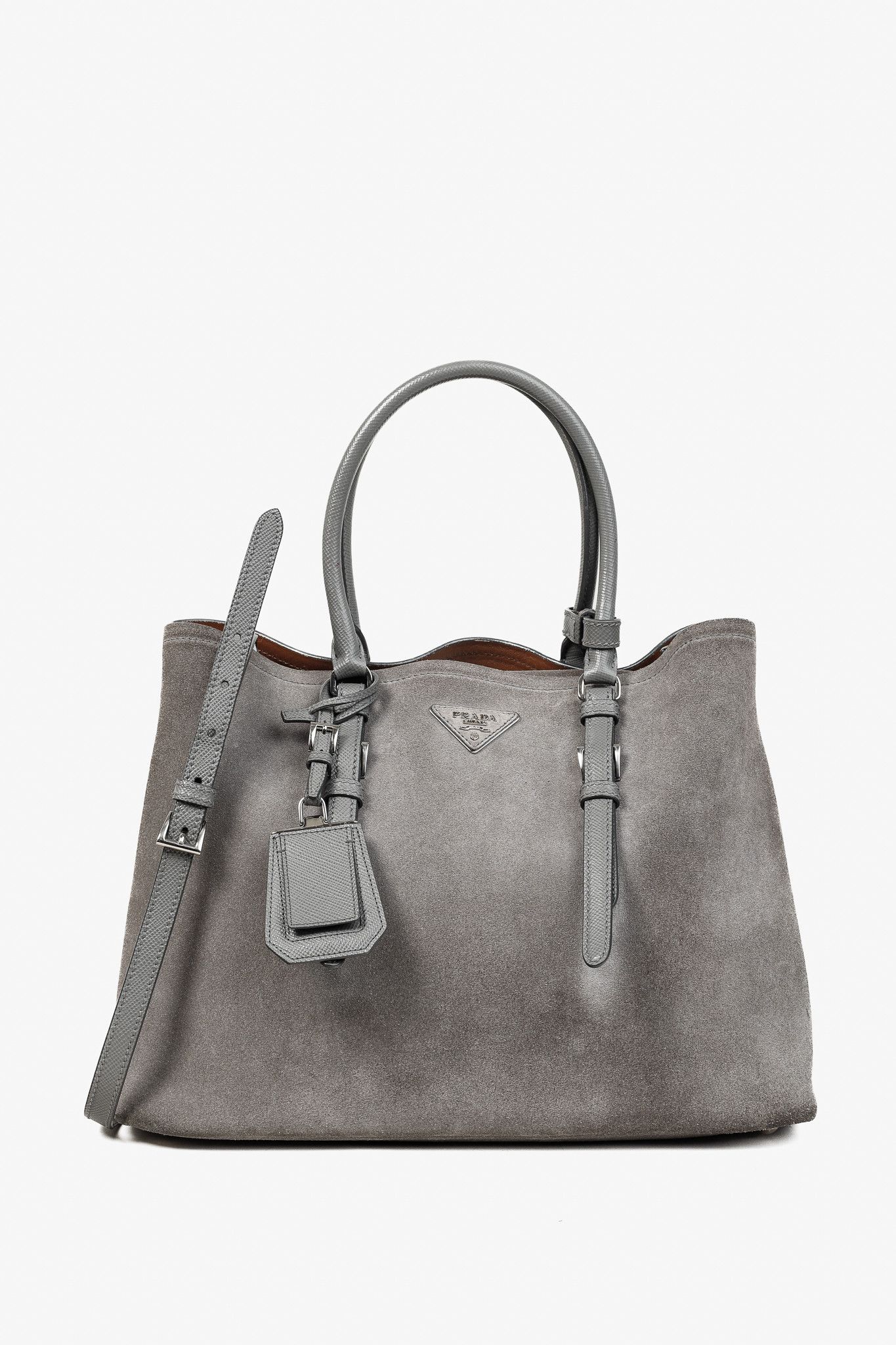 Prada Prada Acciaio Scamosciato Grey Suede Double Bag Tote Size ONE SIZE - 1 Thumbnail