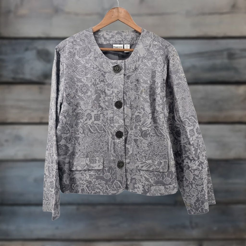 Vintage Chico's Blazer Jacket Womens Gray Silk Blend Damask Jacquard Button Front Coat Size L / US 10 / IT 46 - 1 Thumbnail