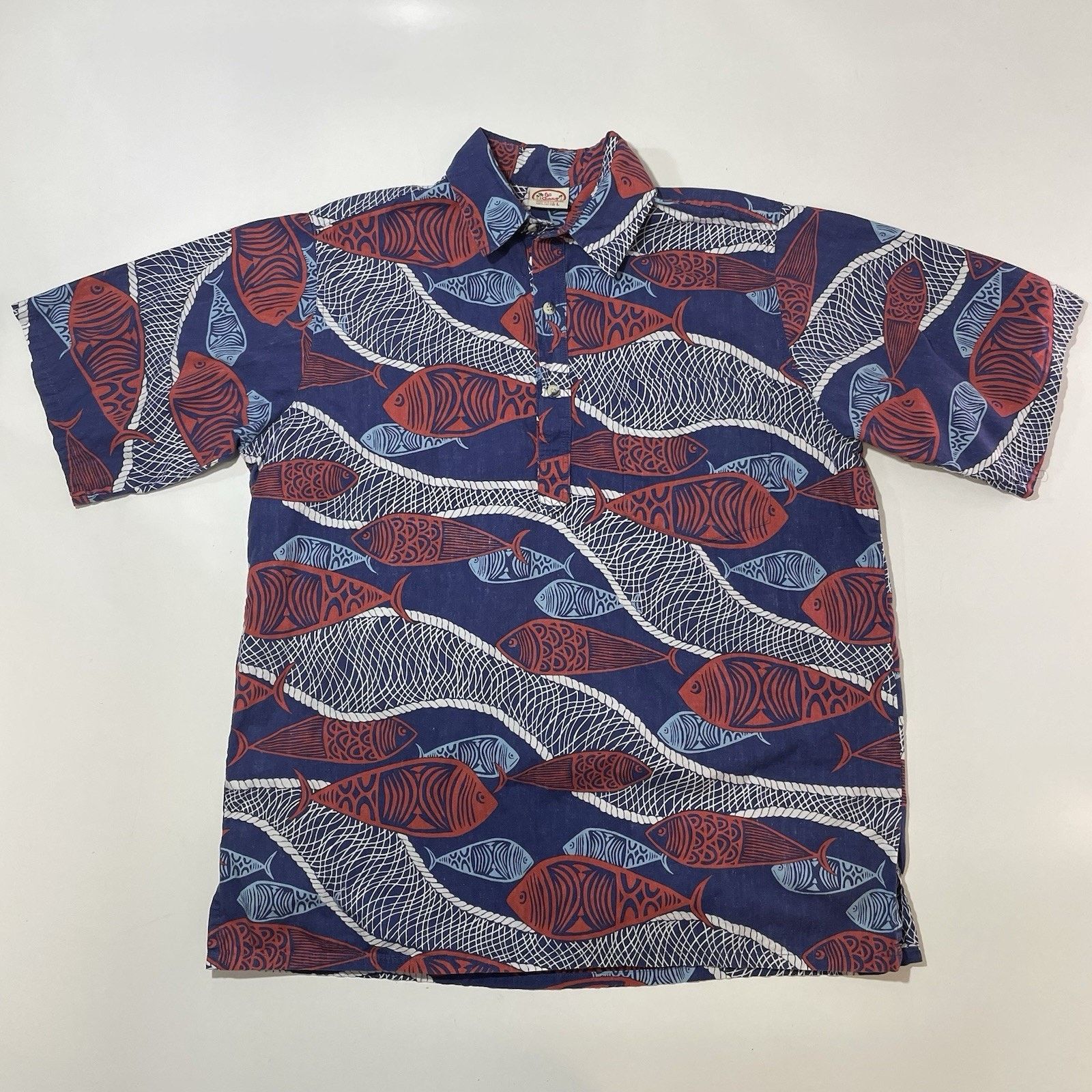 ALOHAS Go Barefoot Hawaiian Shirt Men’s Lg Blue Fish Reverse Print Size US L / EU 52-54 / 3 - 1 Thumbnail