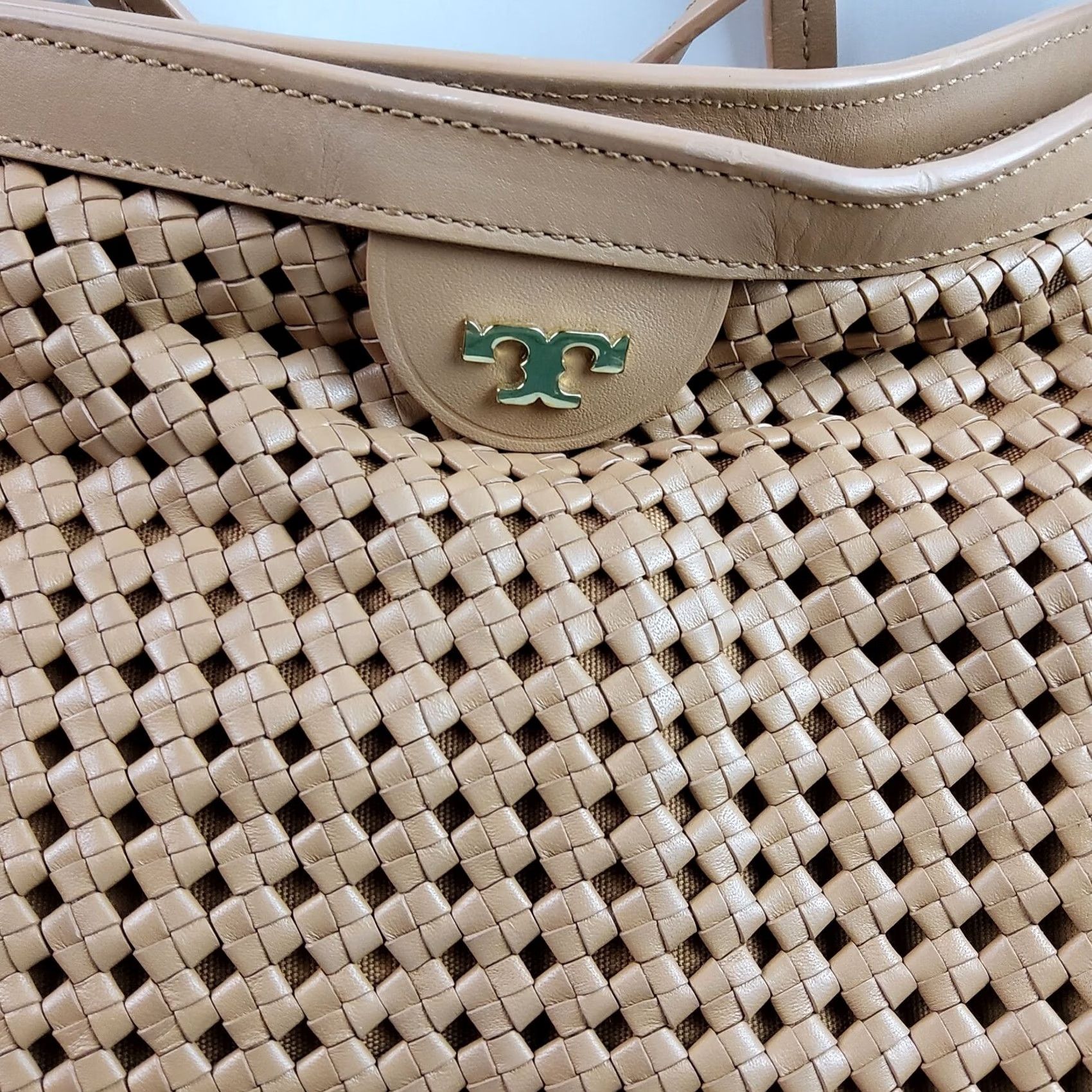 Tory Burch Tory Burch Woven Erica Large Tote Shoulder Handbag Purse Women Tan Leather Tote Large Size ONE SIZE - 3 Thumbnail