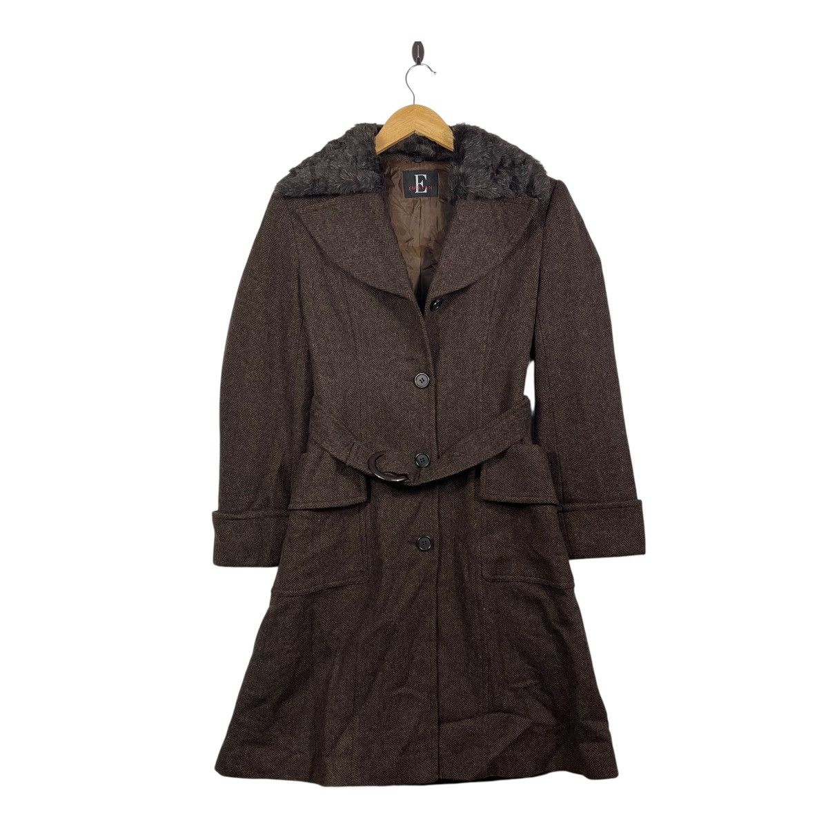Vintage Emilyan Faux Fur Collar Herringbone Wool Long Coat Belted Size M / US 6-8 / IT 42-44 - 1 Thumbnail