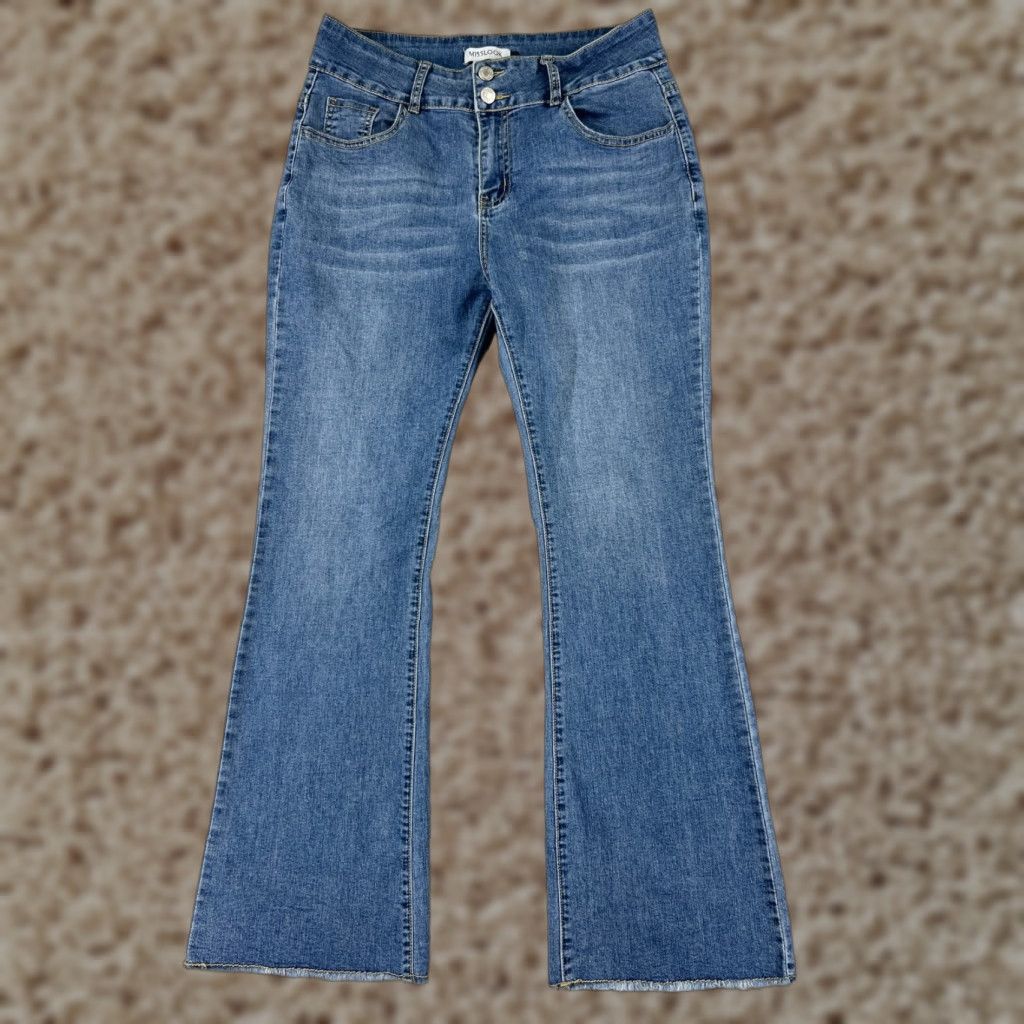 Vintage Misslook Jeans Womens Medium Blue Flare High Rise 28x29 Cotton Blend 5-Pocket Denim Distressed Cropped Lightweight Storm Womens Size 32" / US 10 / IT 46 - 1 Thumbnail