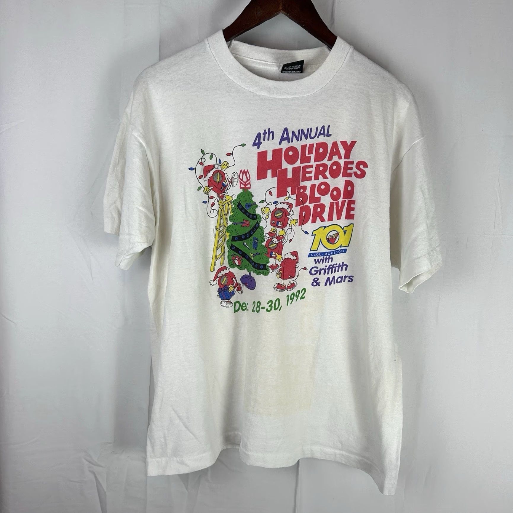 Vintage VINTAGE 90s T-Shirt Houston 101 KLOL Holiday Hero Blood Drive Single Stitch XL White Screen Stars Best Men Shirt Mens Size US XL / EU 56 / 4 - 2 Thumbnail