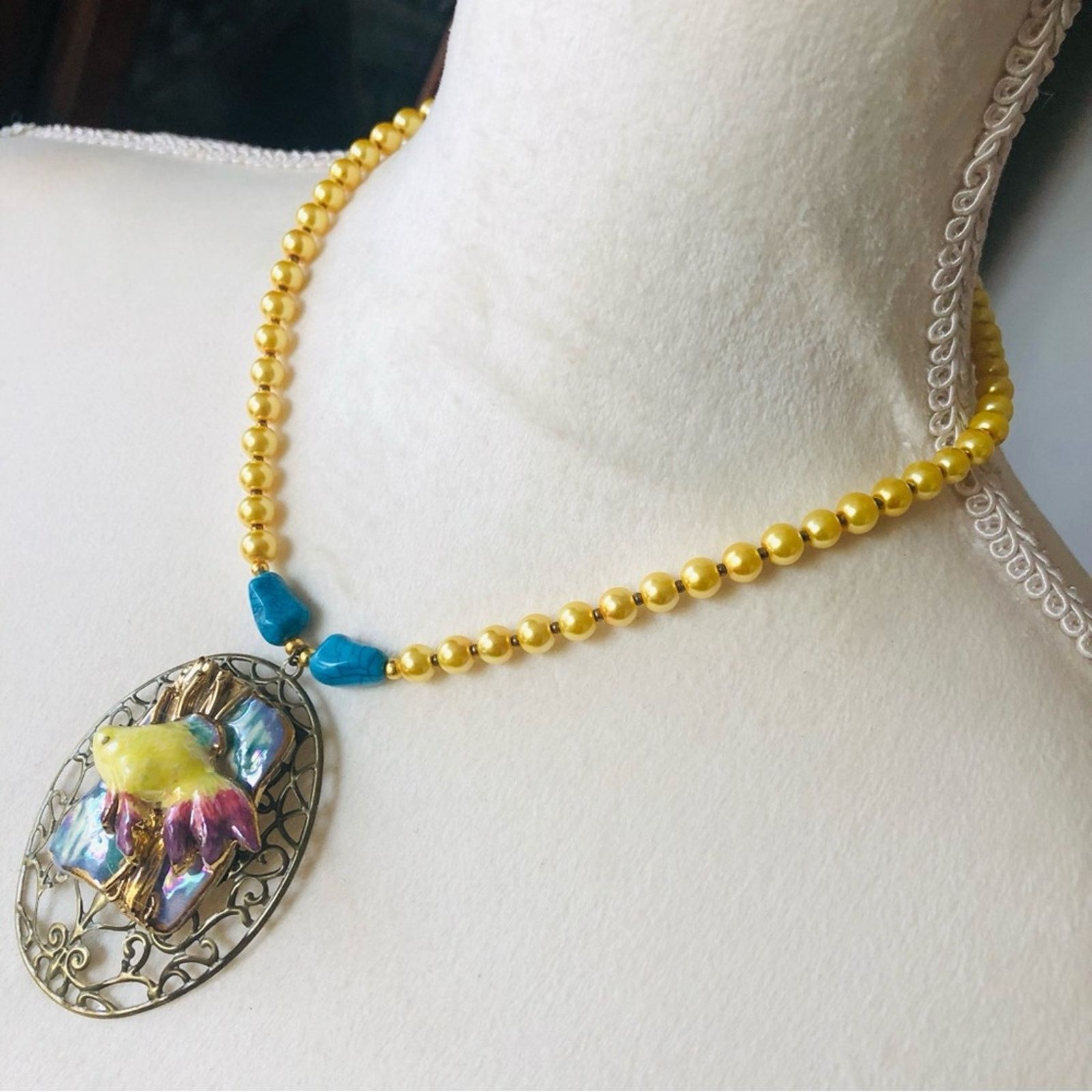 Handmade Handcrafted repurpose ceramic fish filigree Pearl necklace Size ONE SIZE - 5 Thumbnail