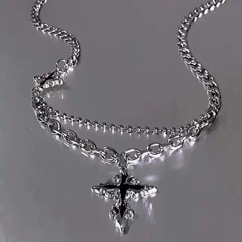 Jewelry × Vintage Double Layer Splicing Chain with Cross Pendant Necklace Size ONE SIZE - 4 Thumbnail