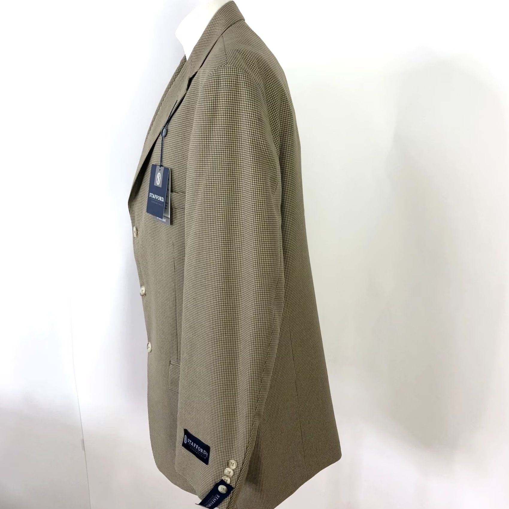 Stafford Stafford Essentials NEW 44 Long Blazer Sport Coat Jacket Houndstooth Brown Beige Men Size 44R - 2 Thumbnail