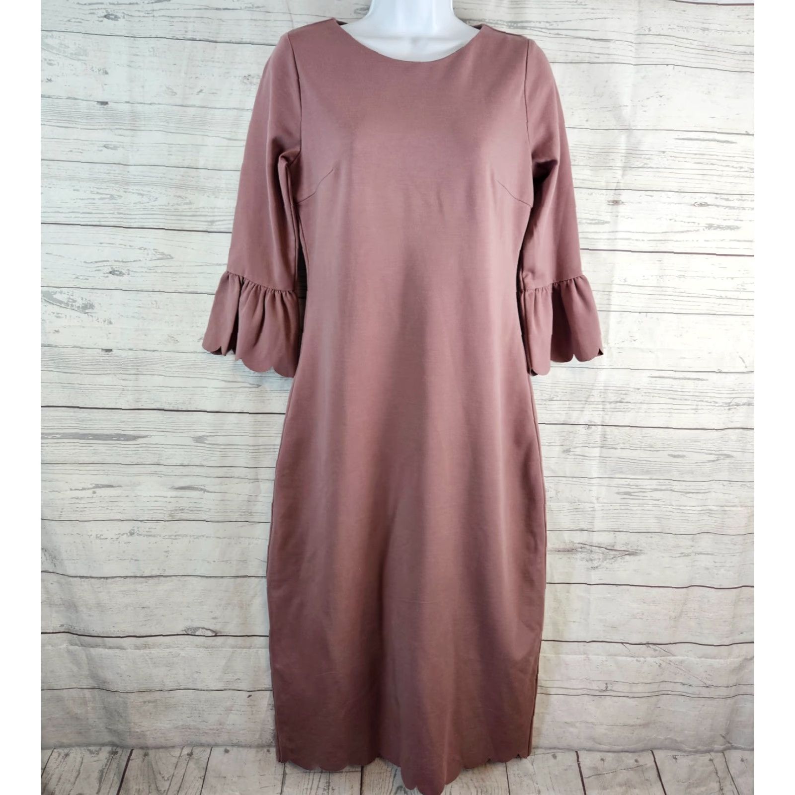 Vintage Dainty Jewells Womens Dress Midi 3/4 Sleeve Mauve Small A-Line White Pink Round Neck Pullover Size S / US 4 / IT 40 - 2 Thumbnail