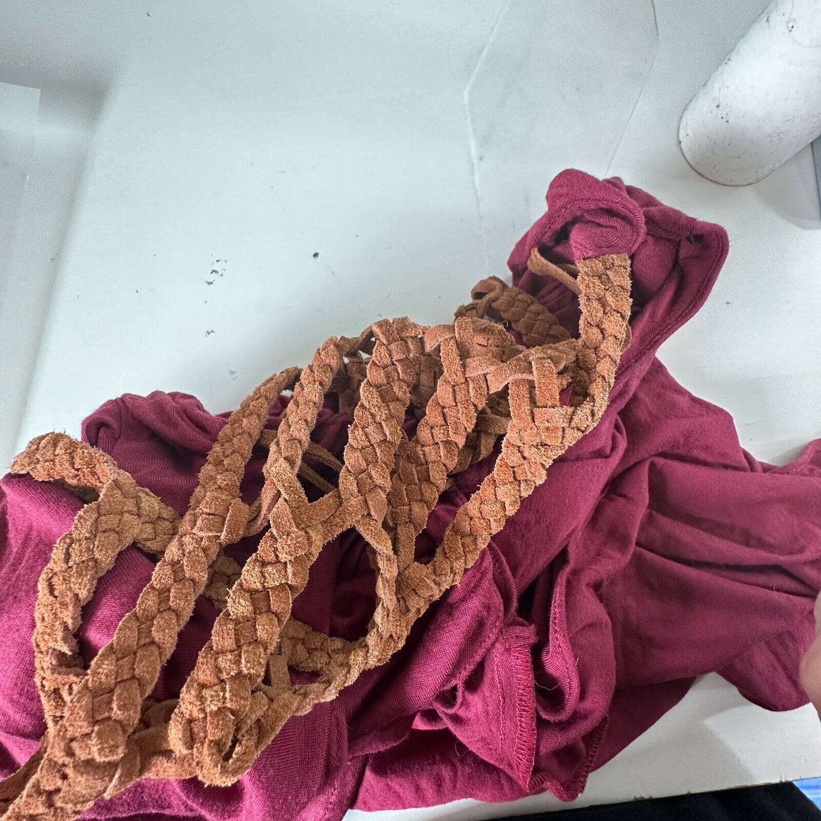 Other Sky Burgundy Scoop Neck Braided Leather Back Strap Dress XS Size XS / US 0-2 / IT 36-38 - 10 Thumbnail
