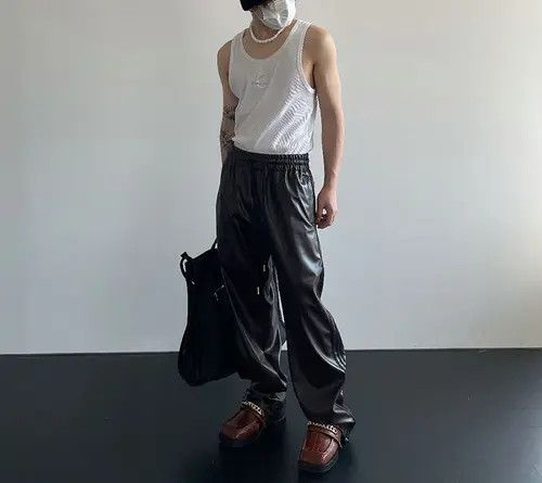 Other PU Leather Black Stripe Elastic Waist Pants Size US 37 - 7 Thumbnail