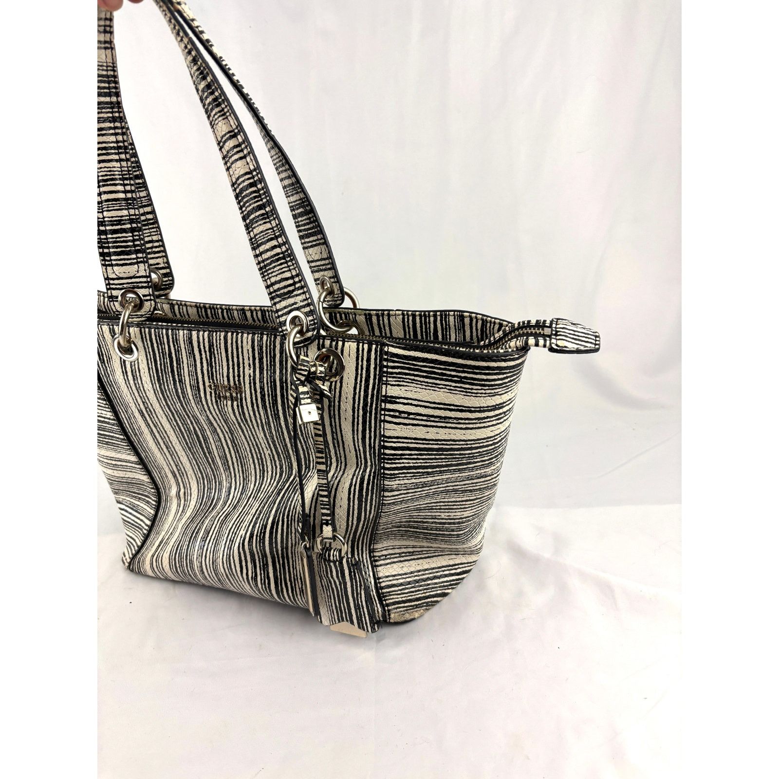 Guess Guess Kamryn Stripe Python Tote Black White Shoulder Handbag Size ONE SIZE - 18 Thumbnail
