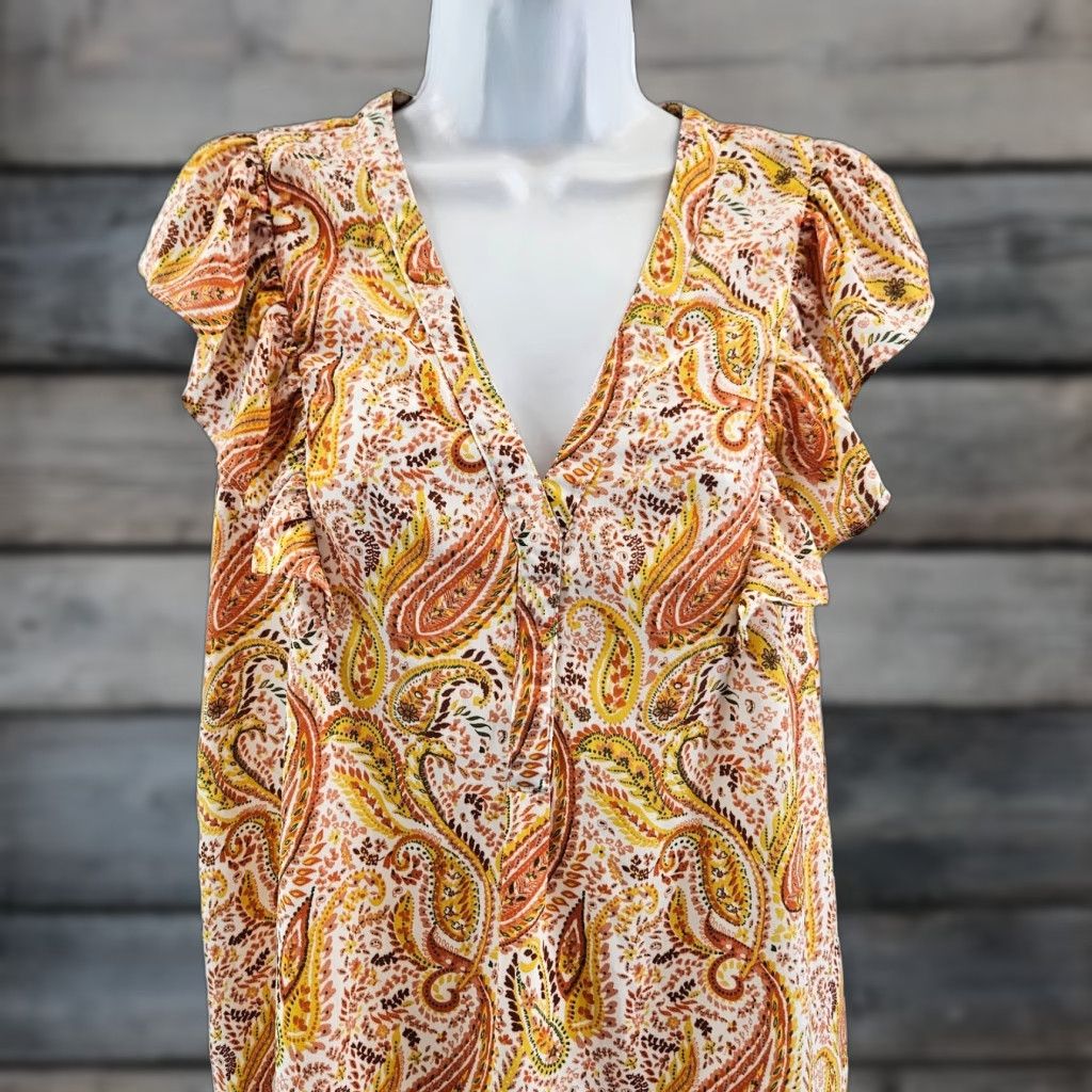 Vintage DR2 Daniel Rainn Womens Top Sz S Yellow Paisley V-Neck Flutter Sleeve Blouse Women Size S / US 4 / IT 40 - 1 Thumbnail