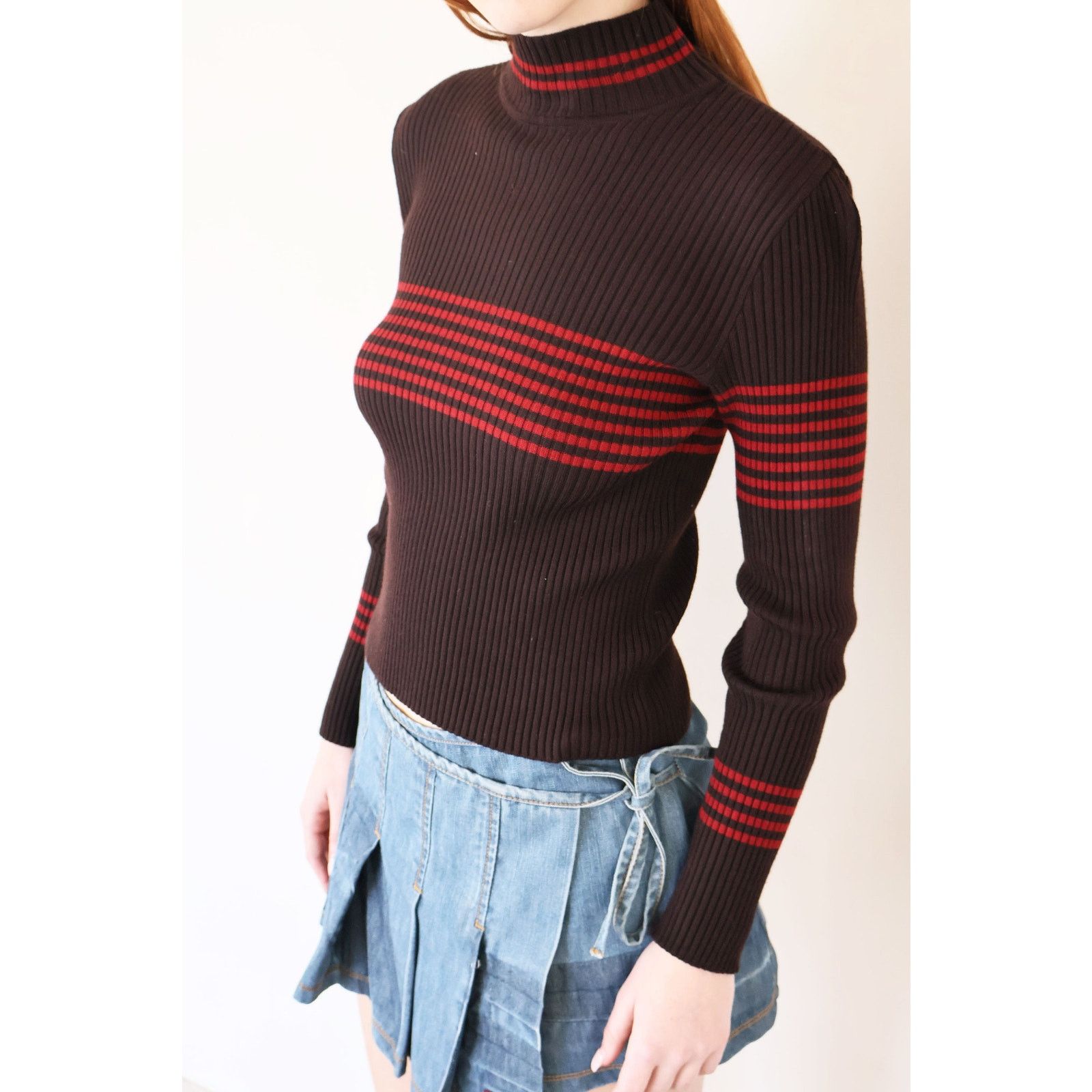 Celine Vintage CELINE Brown + Red Ribbed Striped Turtleneck Size M / US 6-8 / IT 42-44 - 5 Thumbnail