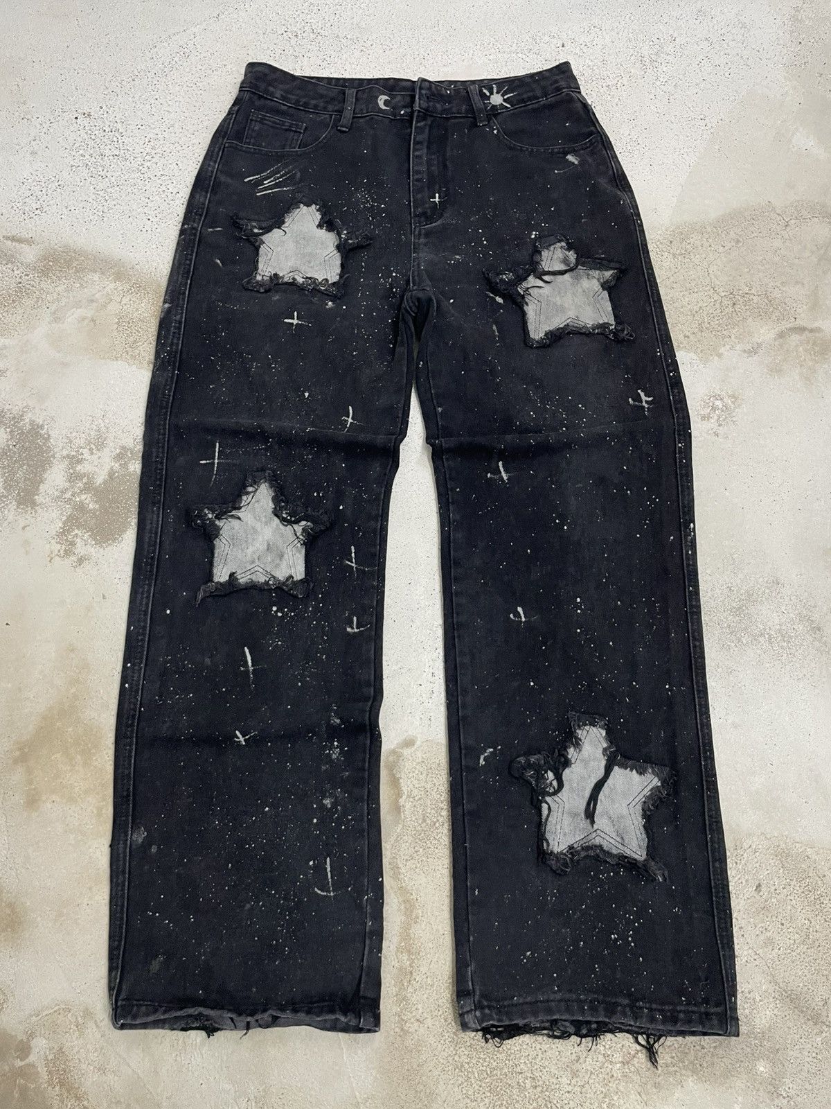 Japanese Brand Wide Distressed Denim Y2K Star Moon Painting Custom Paint Size US 31 - 3 Thumbnail