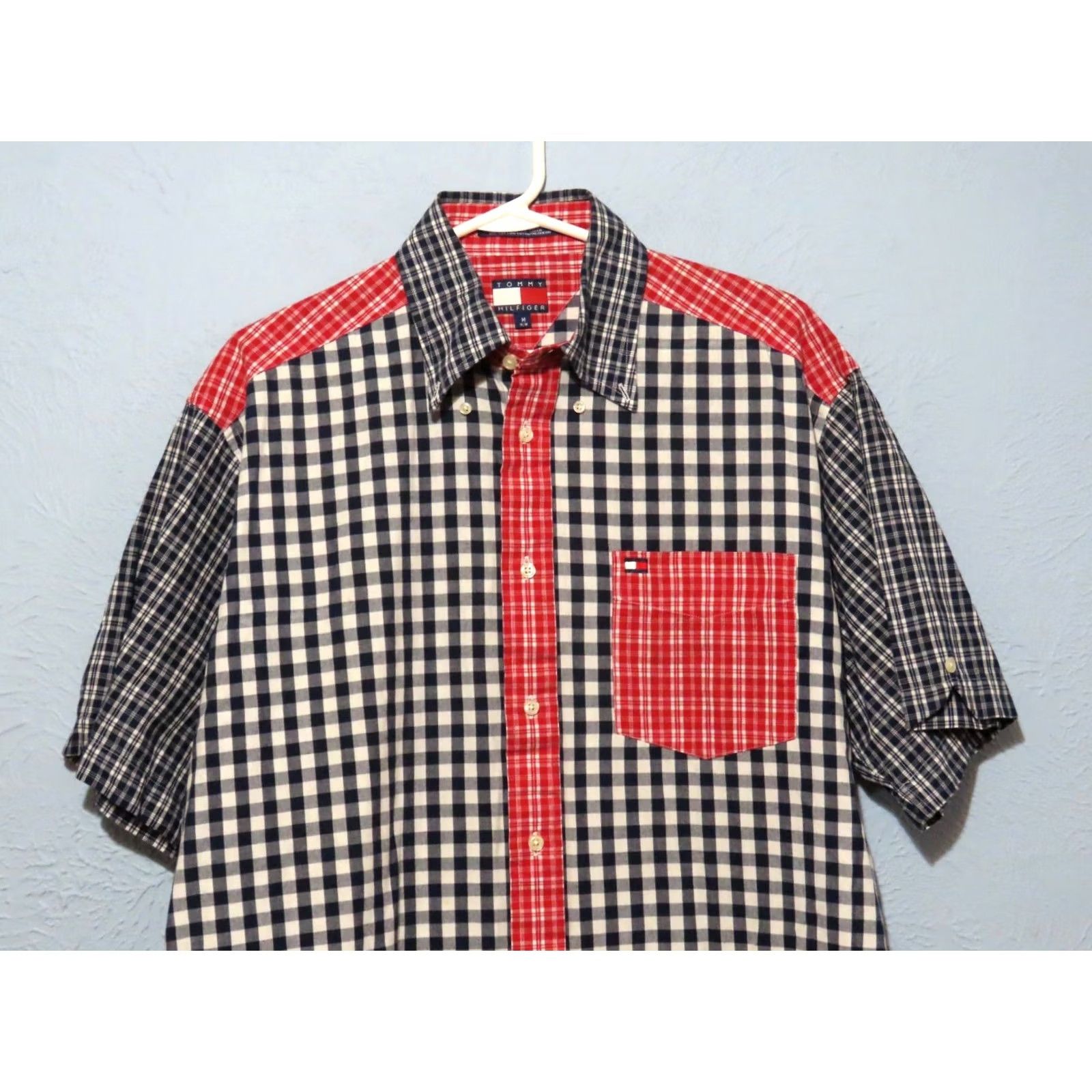 Tommy Hilfiger Tommy Hilfiger Men's Short Sleeve Button-Up Patchwork Gingham Shirt Black Red 90s Multicolor Cotton Regular M Mens Size US 31 - 3 Thumbnail
