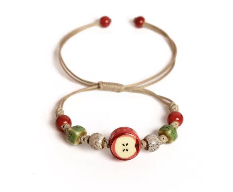 Jewelry Handmade Apple Ceramic Bracelet Adjustable Woven Cord Size ONE SIZE - 5 Thumbnail