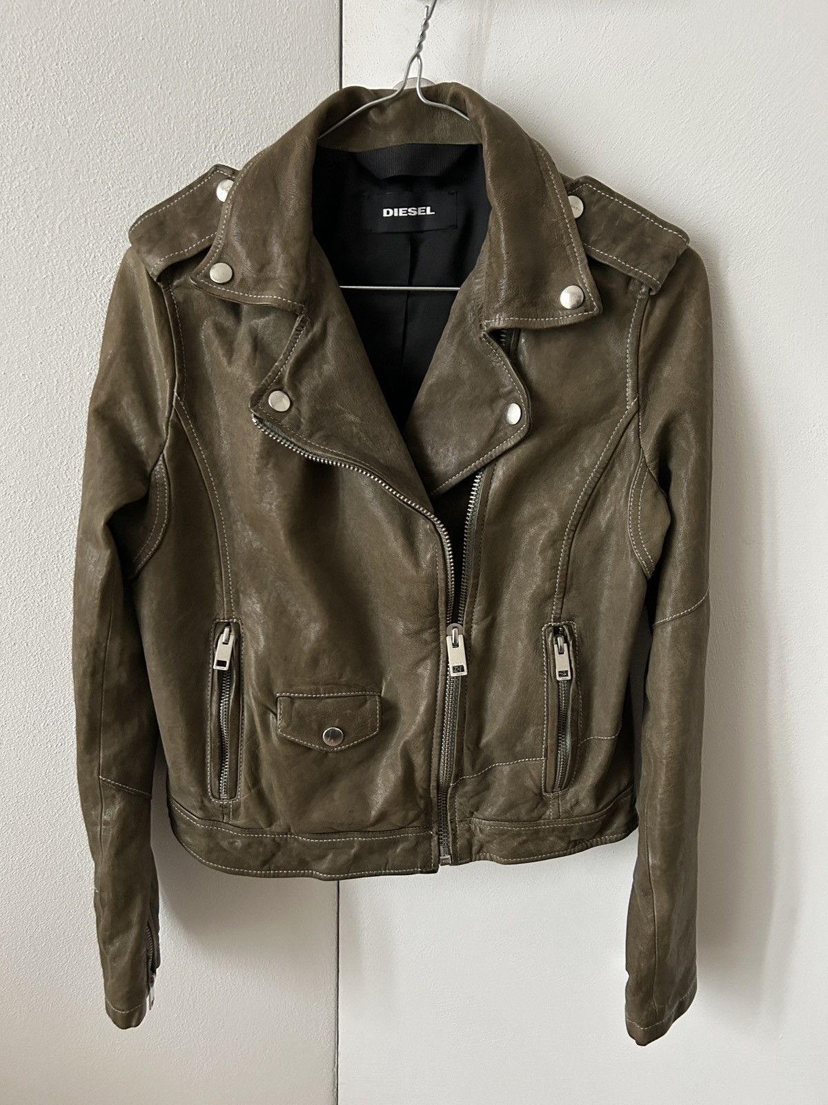 Image of Diesel Leather Female Jacket in Green, Women's (Size Small)