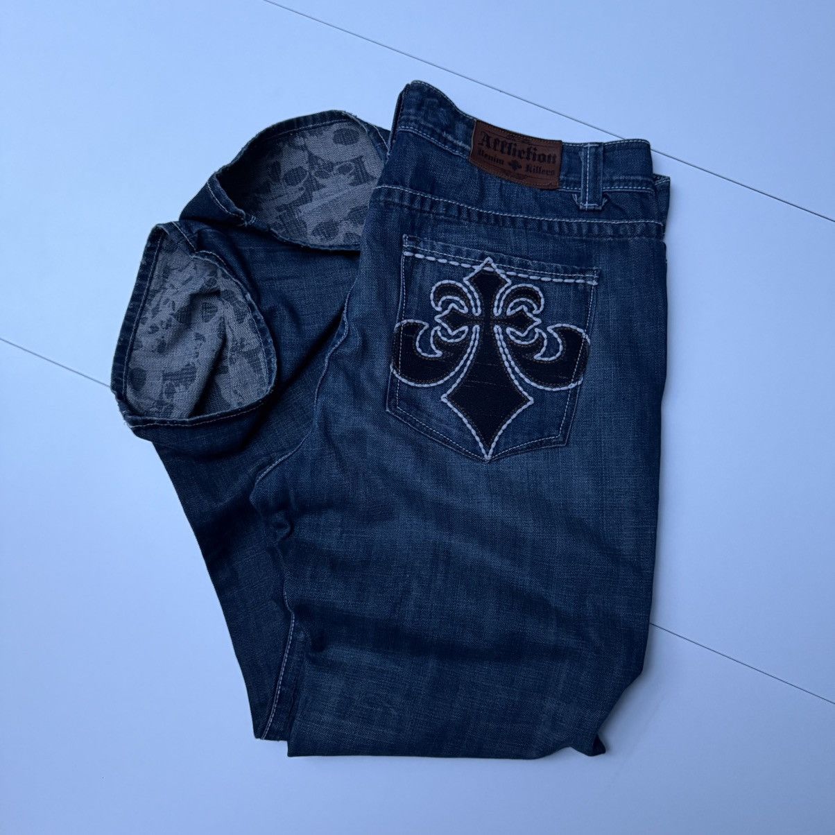 Affliction Vintage Affliction crosses skulls y2k baggy denim jeans Size US 38 / EU 54 - 1 Thumbnail