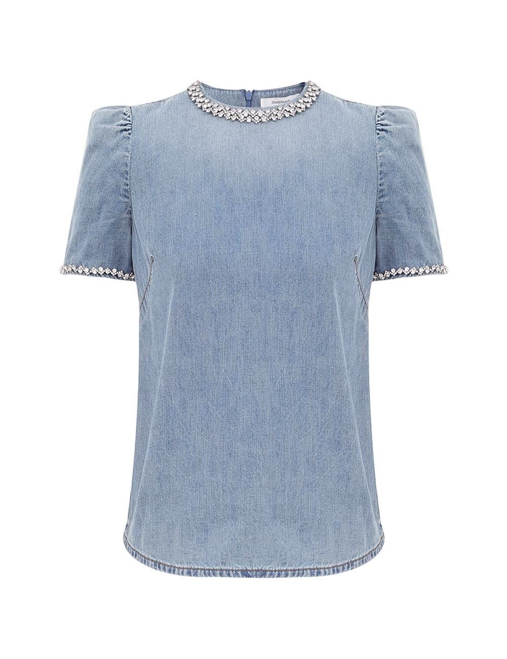 Zimmermann oc11z1025 Crush Embellished Denim Top in Blue Size L / US 10 / IT 46 - 1 Thumbnail