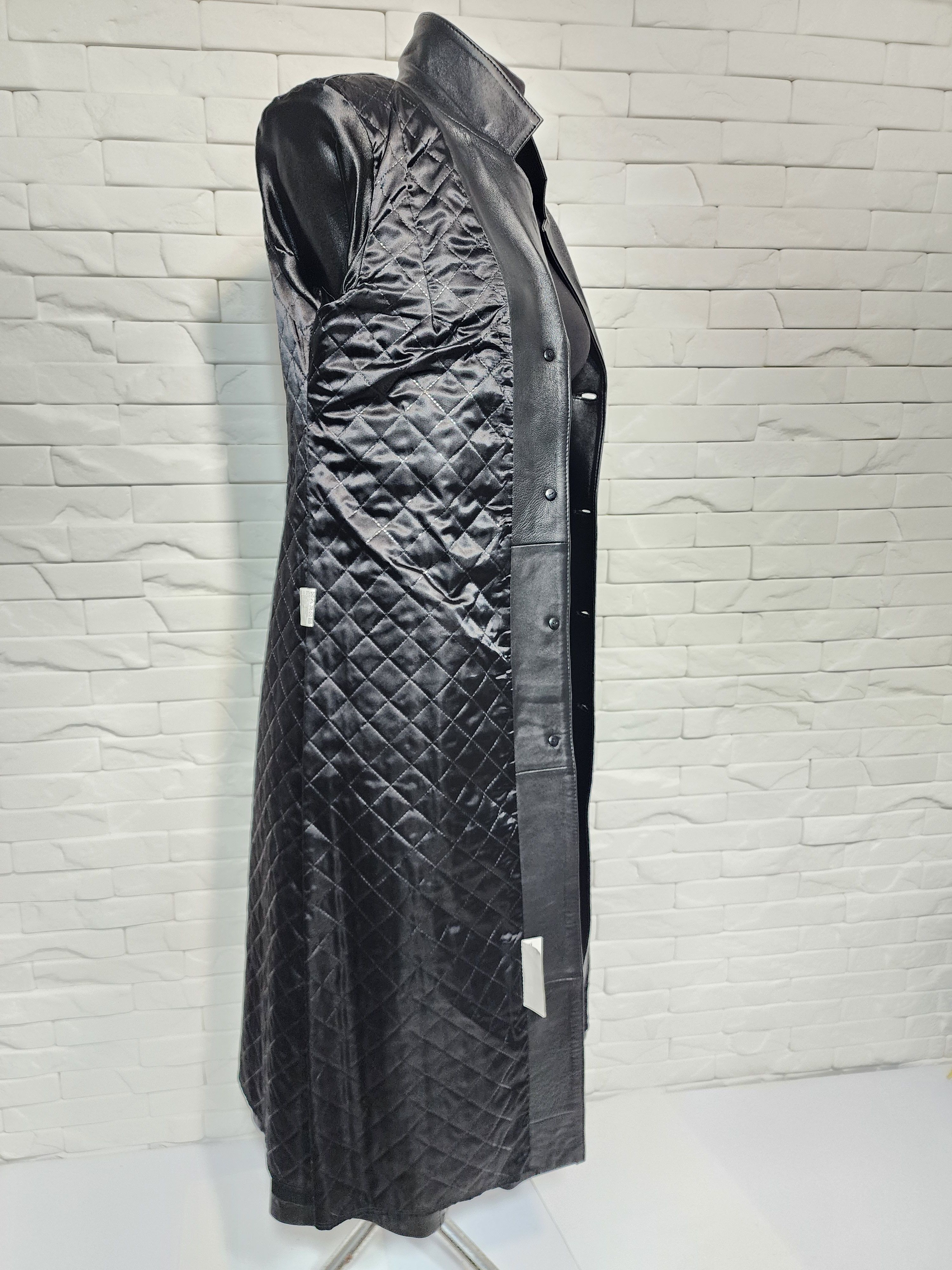 Genuine Leather Elegant Black Leather Raincoat: Women's Long Coat. Size L / US 10 / IT 46 - 9 Thumbnail