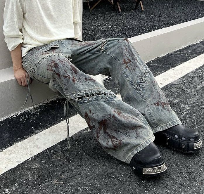Avant garde punk y2k washed dirty paint tie up jeans pants