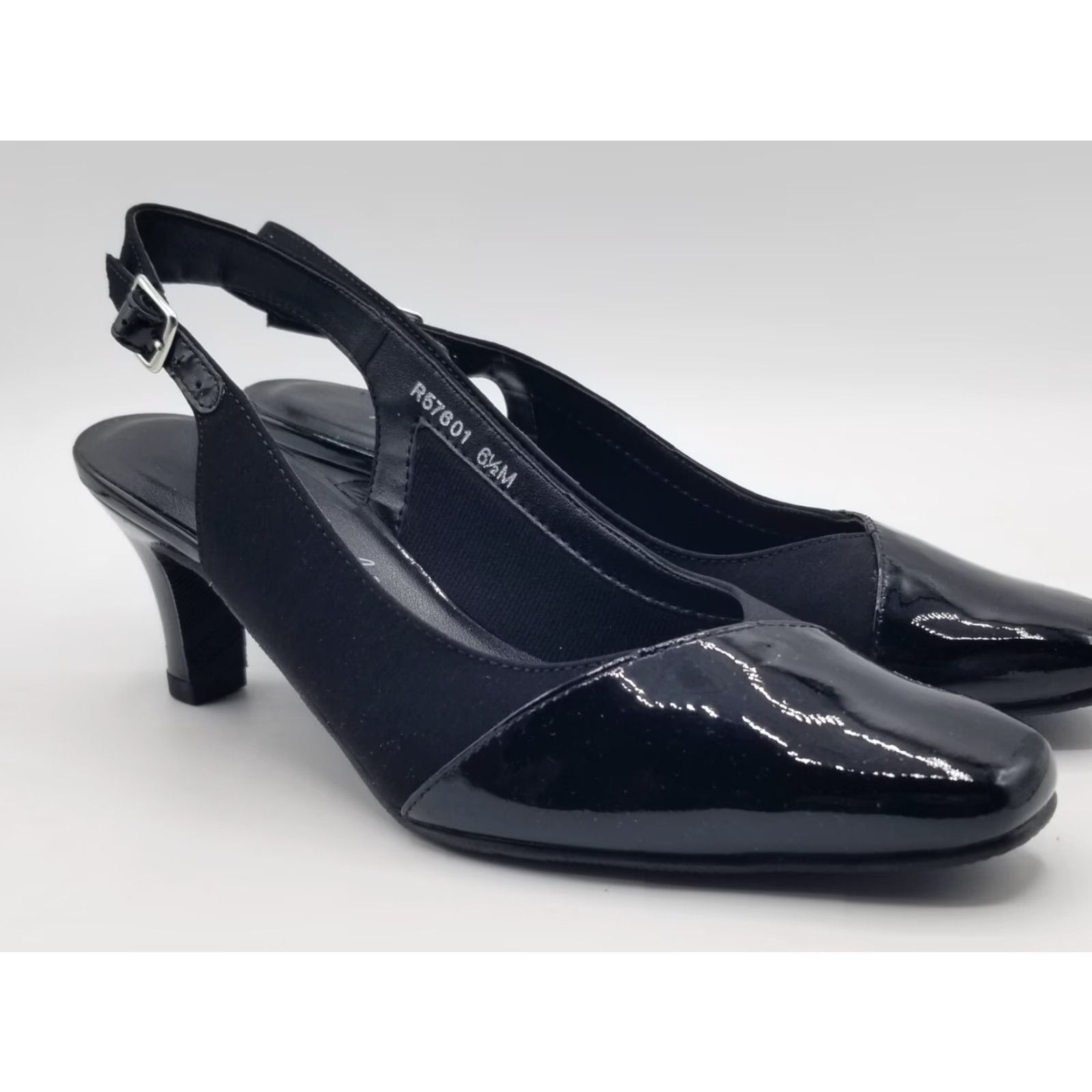 Vintage ROSE PETALS by Walking Cradles Ramona Black W Slingback Pumps - Size 6, Mid Heel, Buckle, Silver-Tone Accent, Women, Heel Shoes Size US 6 / IT 36 - 2 Thumbnail