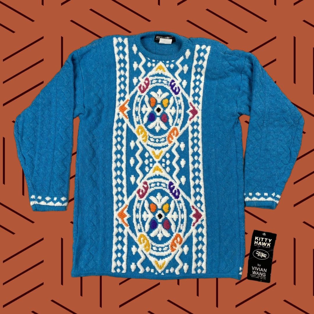 Vintage VINTAGE Kitty Hawk Vivian Wang Hand Knit Sweater Women L Acrylic Nylon Blue 80s 90s Pullover Mock Neck Size L / US 10 / IT 46 - 1 Thumbnail