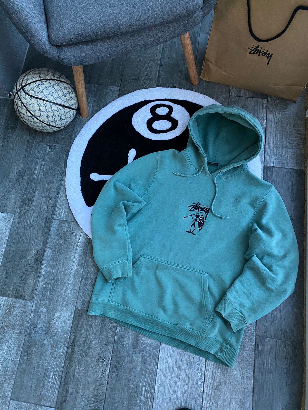 Pre-owned Stussy Woodoo Logo Hoodie Tiffany Color Size M In Olive