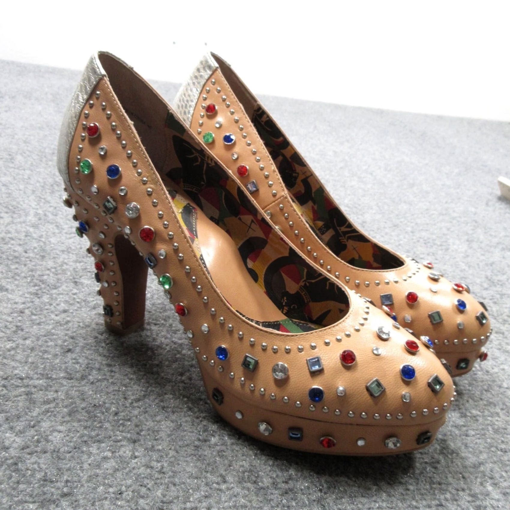 Vintage Miss L'Fire Showgirl Sandal Womens 9 Beige Leather Studded Rhinestone Slip-On Block Heel Shoes 40 Size US 9 / IT 39 - 2 Thumbnail