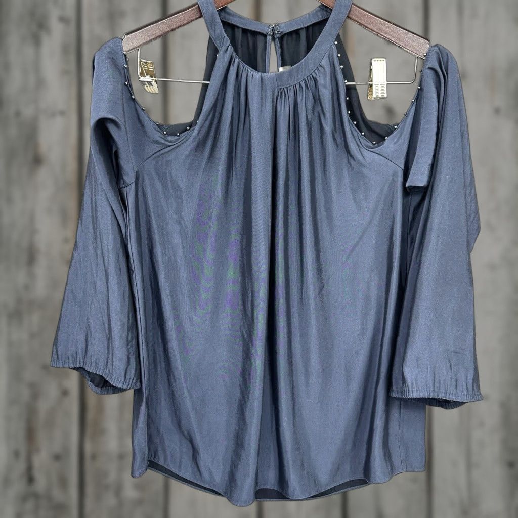 Ramy Brook Ramy Brook Blouse Candice Womens Small Cold Shoulder Beaded Satin Polyester Blue Solid Designer Quiet Luxury READ Size S / US 4 / IT 40 - 1 Thumbnail