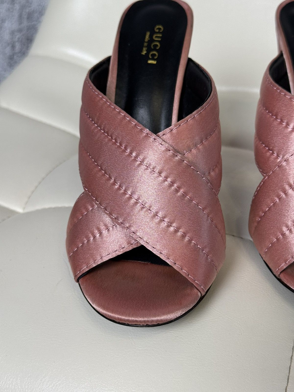 Gucci Gucci Crossover Satin Quilted Mule Sandals Block Heel Slides Size US 9 / IT 39 - 16 Thumbnail
